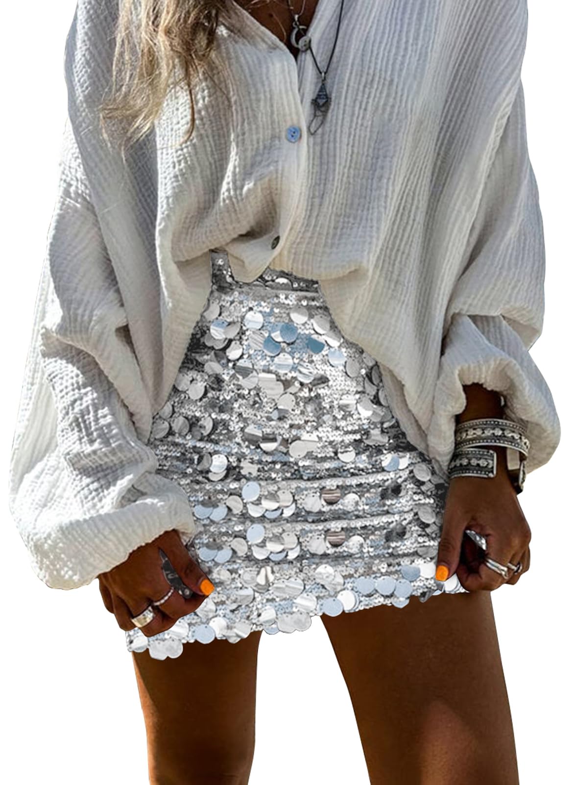 miduo Womens Sequin Skirt High Waist Stretchy Bodycon Sparkle Night Out Party Mini Skirts