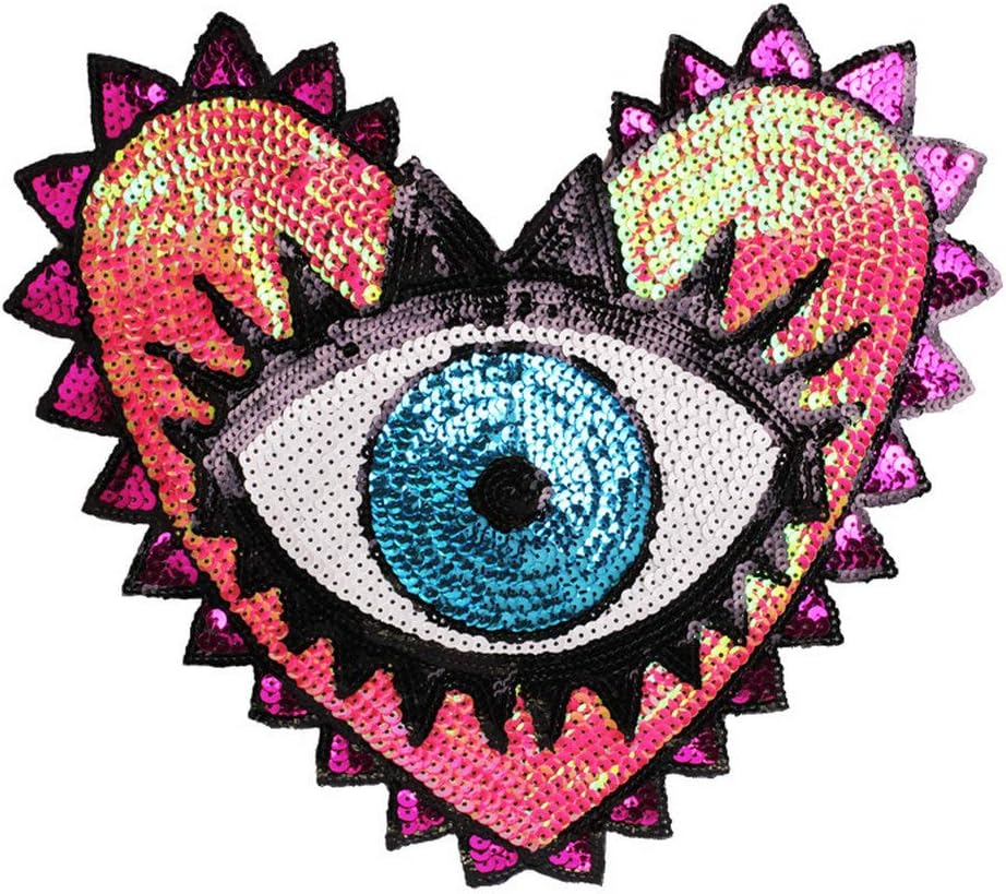 1 Pcs Love Large Sequin Heart Evil Eyes Patches No Glue Cartoon Motif Applique Embroidery Garment Patch Sewing on for Clothes Kids T Shirt Jeans DIY Crafts (Color 3)