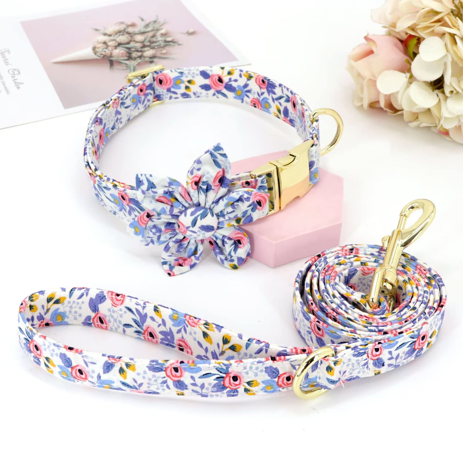 Beirui Ensemble collier et laisse pour mignonne – Collier à motif floral avec fleur pour chiens de petite, moyenne et grande taille, taille L : tour de cou 38,1 à 61 cm, laisse de 1,5 m,