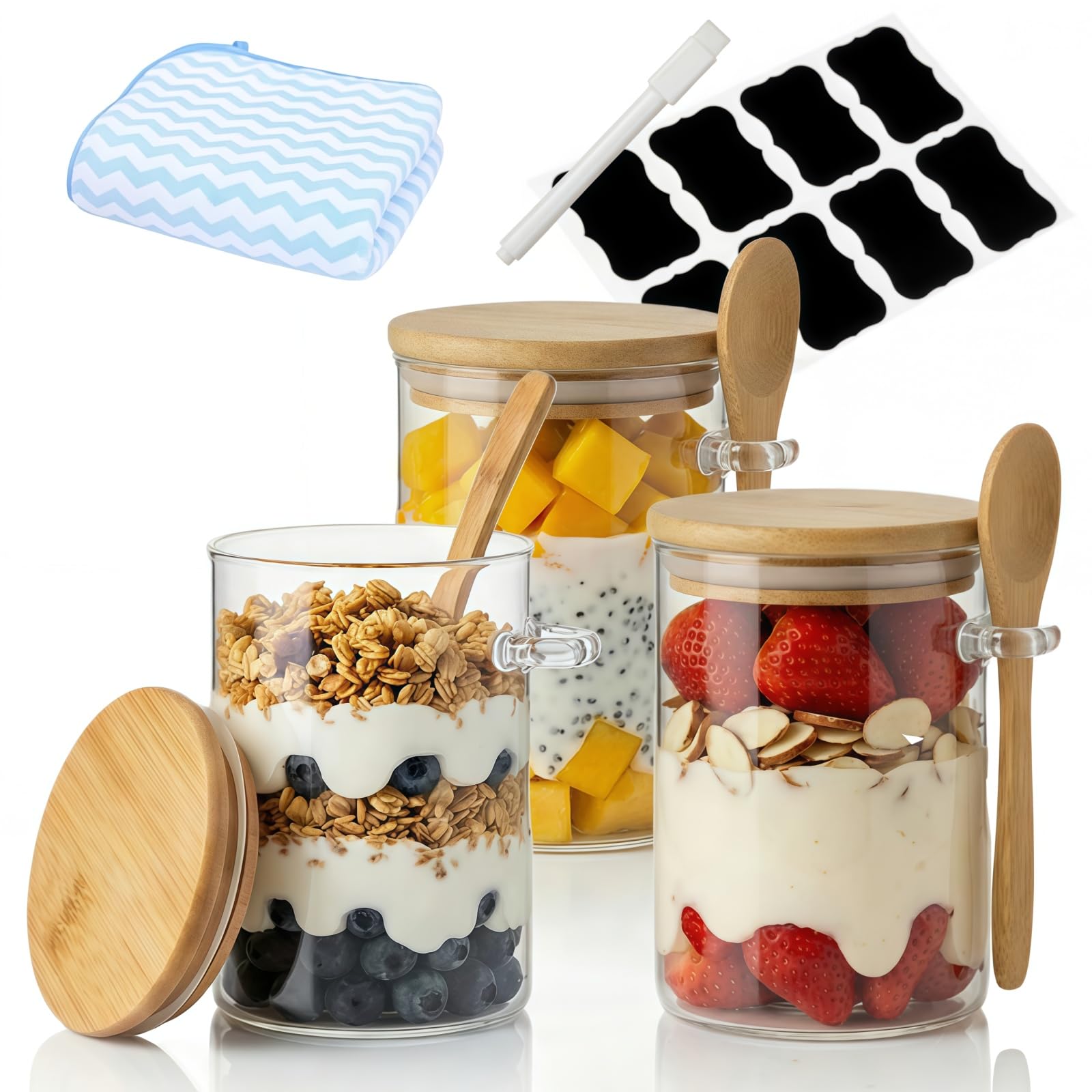 Siocok Transparent 3 Pack Glass Jars With Airtight Bamboo Lid And Spoon, 500Ml Food Storage Airtight Container, Reusable Overnight Oats Jars, For Home Storage,Yogurt,Salad,Cereal, Nuts,Spice