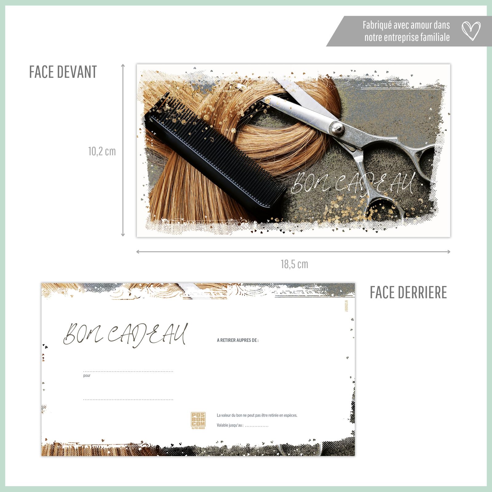 POS BON - 100 bons cadeaux à remplir avec enveloppe/nœud ruban - formulaires imprimés pour des salons de coiffure K12005F-2-100-V1