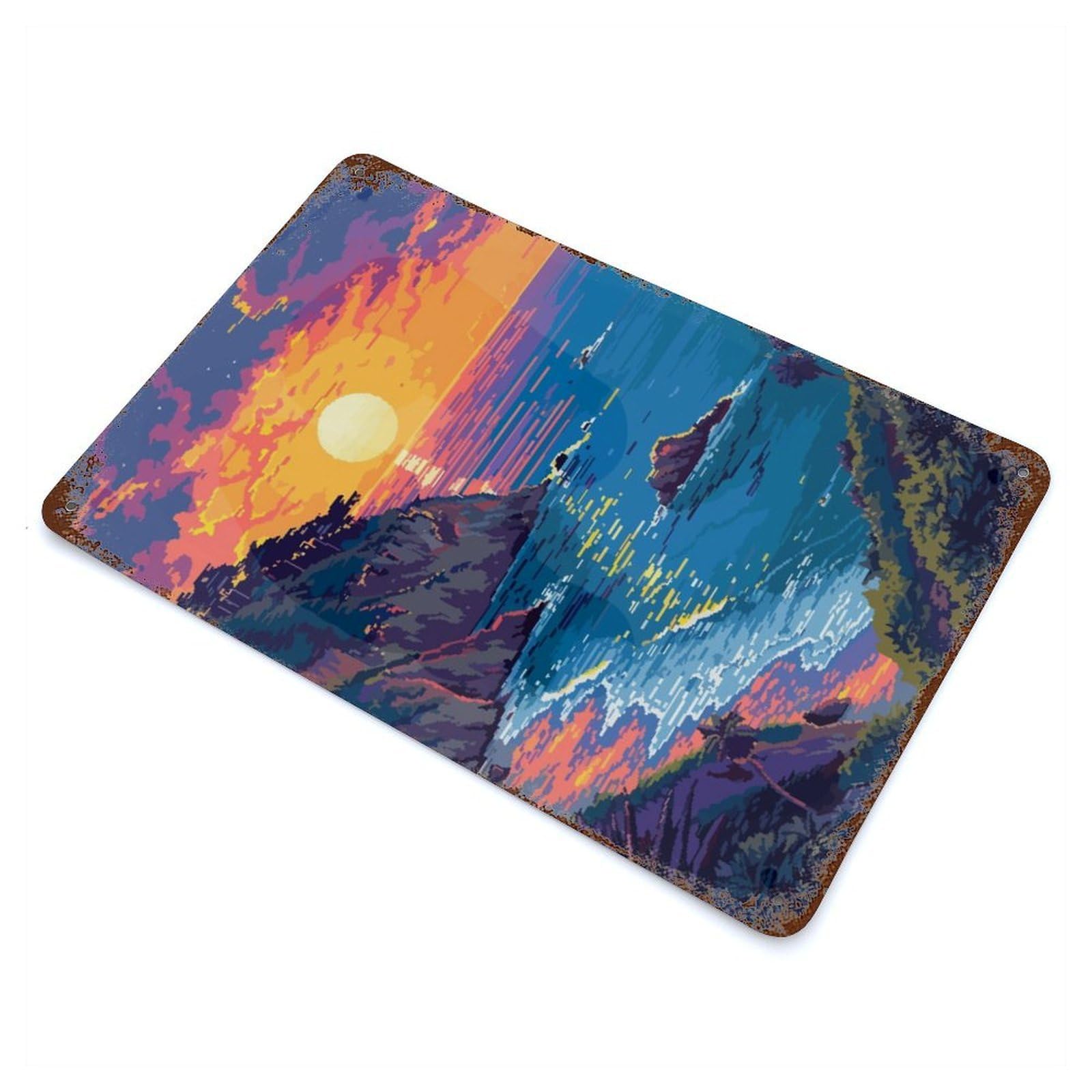 Beach Sunset Pixel Art Rust Effect Tin Sign 11.8"x7.9", Novelty Wall Decor for Garage, Pub Or Kitchen