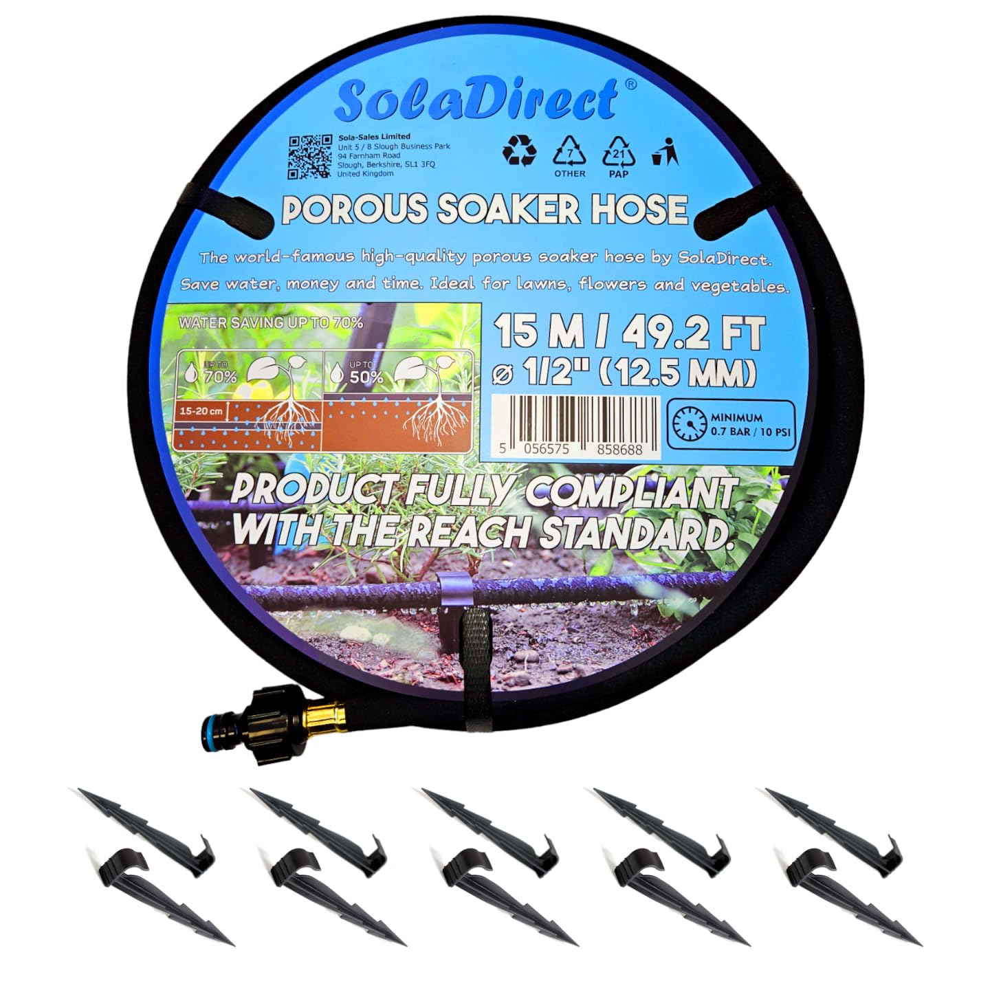 SolaDirect Soaker Hose, Porous Pipe, 15 m / 49.2 ft Long with Connectors, Reach Compliant, Water Saving up to 70%, Perfect for Lawns, Flowerbeds, Vegetable Gardens and Greenhouses + 10 Ground Pegs — image 1