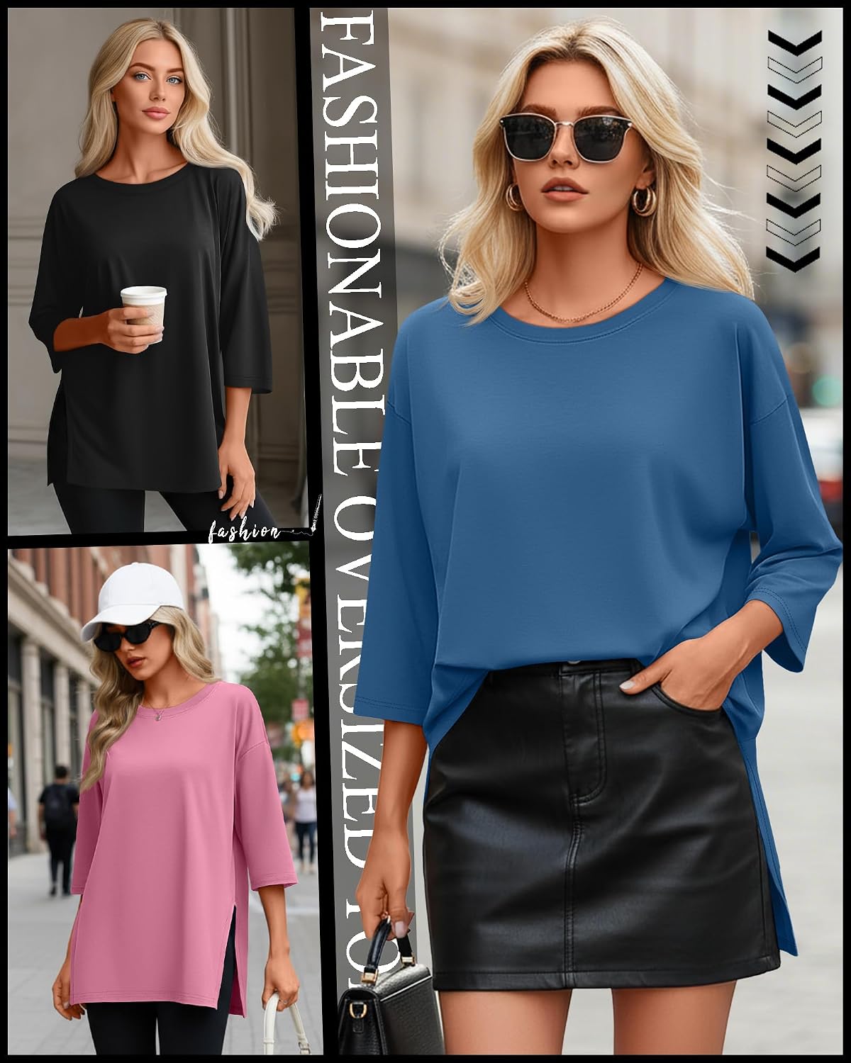 Huukeay 3 Pack Women's Oversized T Shirts Workout 3/4 Sleeve Top Loose Side Split Gym Elbow Crewneck Casual Clothes Tee