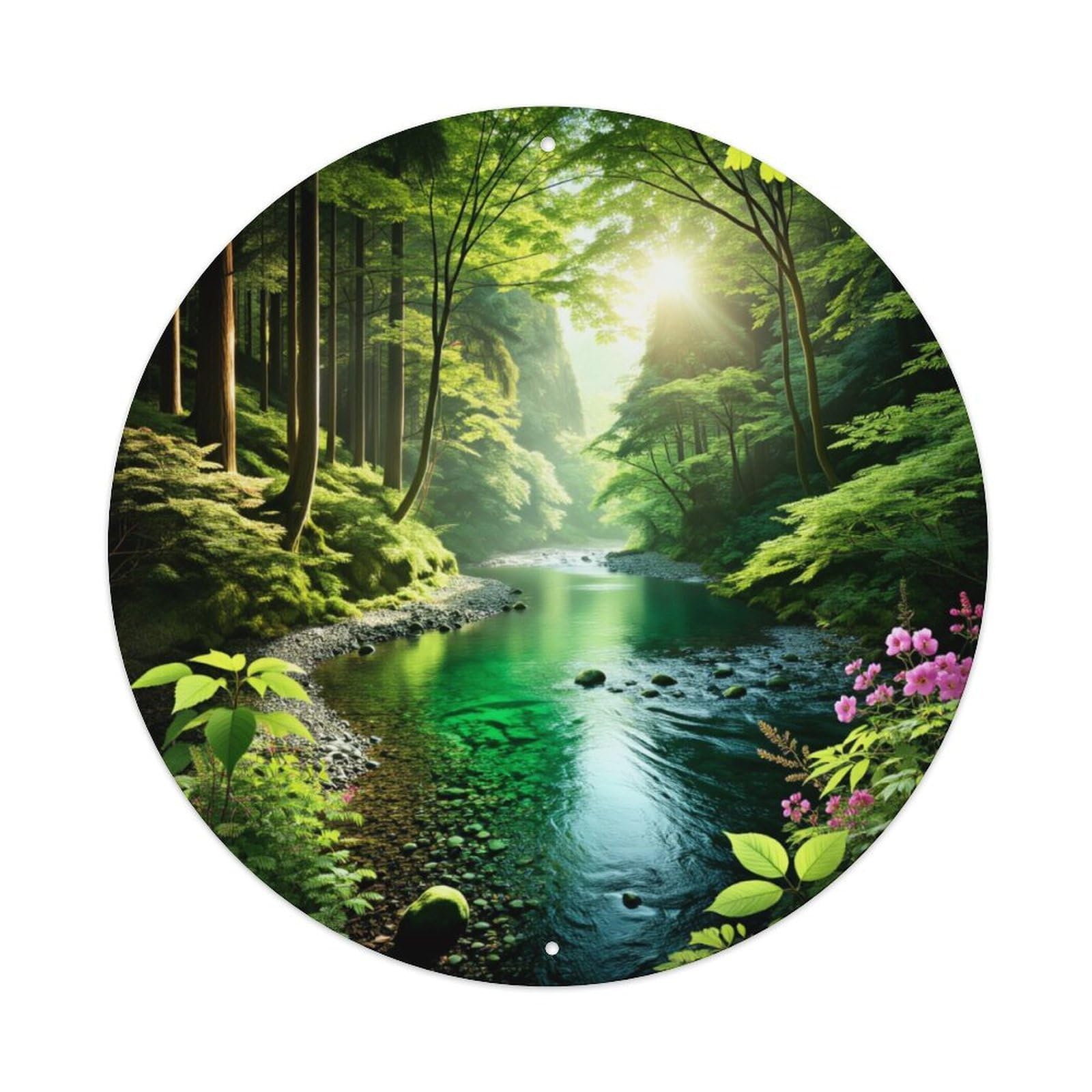 Forest Stream Sunlight Greenery Flowers Round Tin Sign Vintage Metal Poster, Home Bar Garage Man Cave Cafe Indoor & Outdoor Wall Decoration 8x8Inches