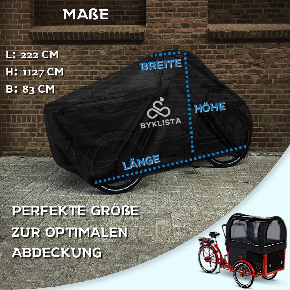 Byklista NEU Abdeckplane für Lastenfahrrad mit Regenverdeck - Lastenrad Abdeckung Fahrradabdeckung wasserdicht aus 300D Oxford-Gewebe verschweißte Innennähte - Fahrradgarage zweispurig