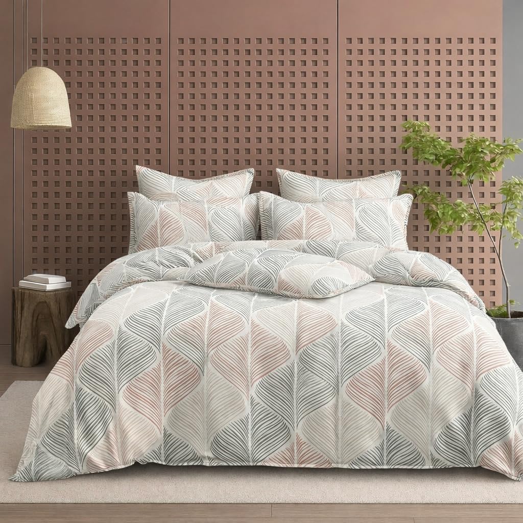 DECOR2ADMIRE Super King Size Premium Bedsheet 108 x 108 Inches | 300 Thread Count | Glace Cotton | Floral & Geometric Printed Bed Linen with 2 Pillow Covers (Soft Leaf Pattern)
