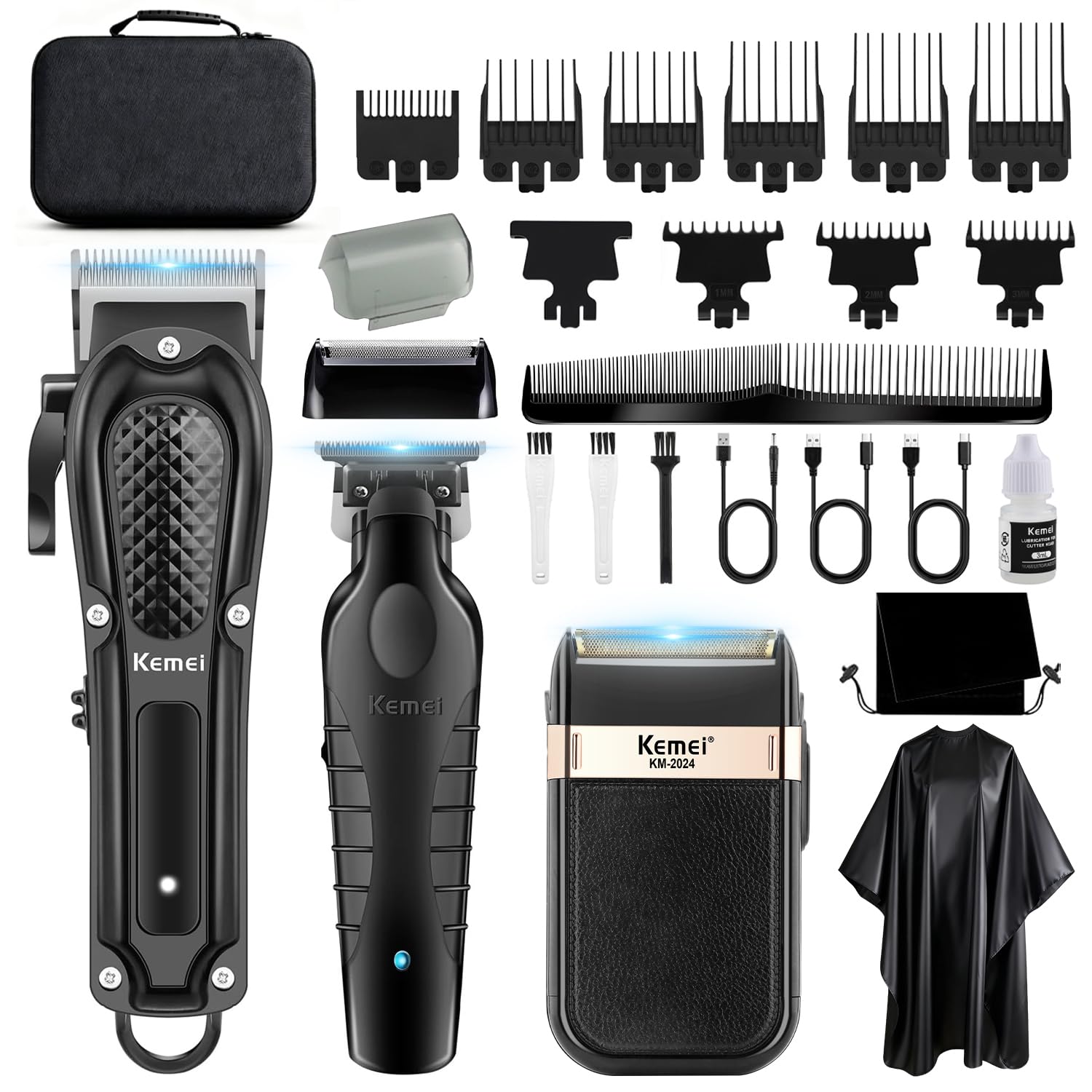KEMEI Cortapelos profesional para hombres, inalámbrico, completo, cortadora de barbero con cuchilla en T, recortadora, set de afeitadora de lámina, kit completo de cortapelos eléctrico con 9 peines