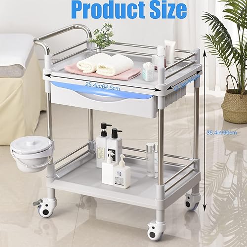Miniatura 2 de Carrito de utilidad médica con dos cajones, carrito grande de 2 niveles con ruedas para salón de belleza, spa, comercial, hospital, oficina,