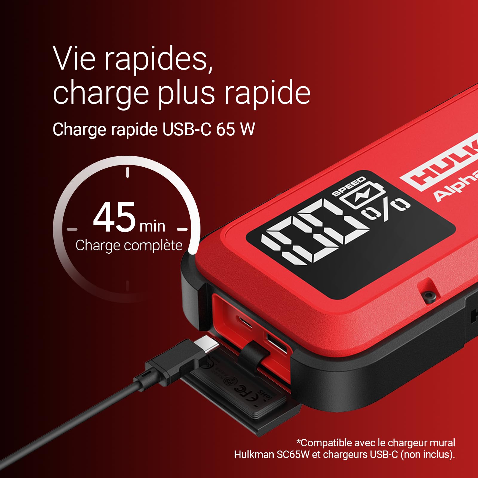 HULKMAN Alpha Ultra Red Démarreur 1000A 37Wh,Compact et Élégant,Boîtier de Démarrage 12V avec Câbles,Recharge Complète en 45 Min, Veille 24 Mois,IP65, Écran LED,pour Moteurs Essence 6.5L / Diesel 3.0L