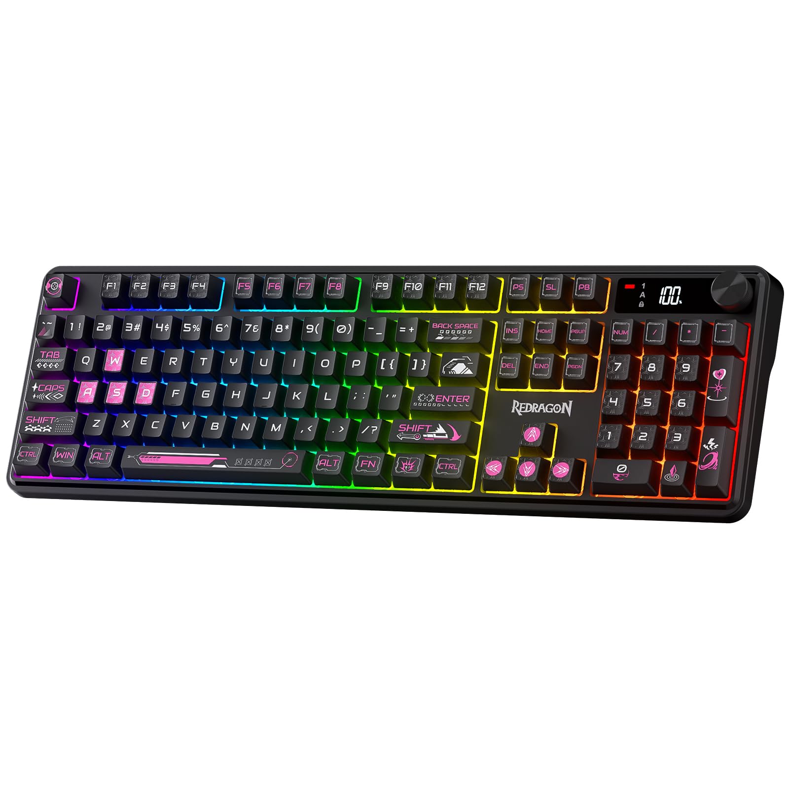 Redragon Teclado inalámbrico K526 PRO RGB para juegos, teclado de 104 teclas de tacto mecánico con pantalla de información LED, control de perilla retroiluminada, interruptor lineal suave y compatible