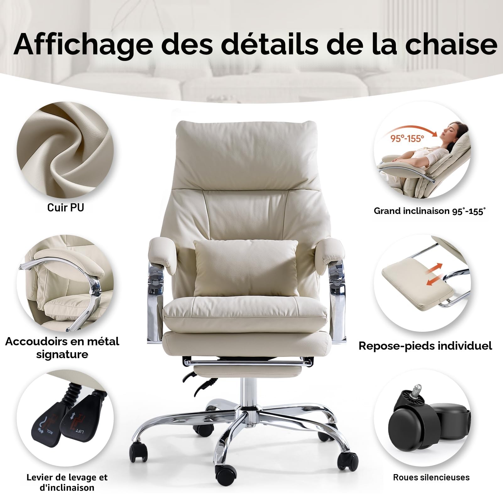 EMIAH Chaise de Bureau avec Repose-Pieds, Inclinable avec roulettes, Beige