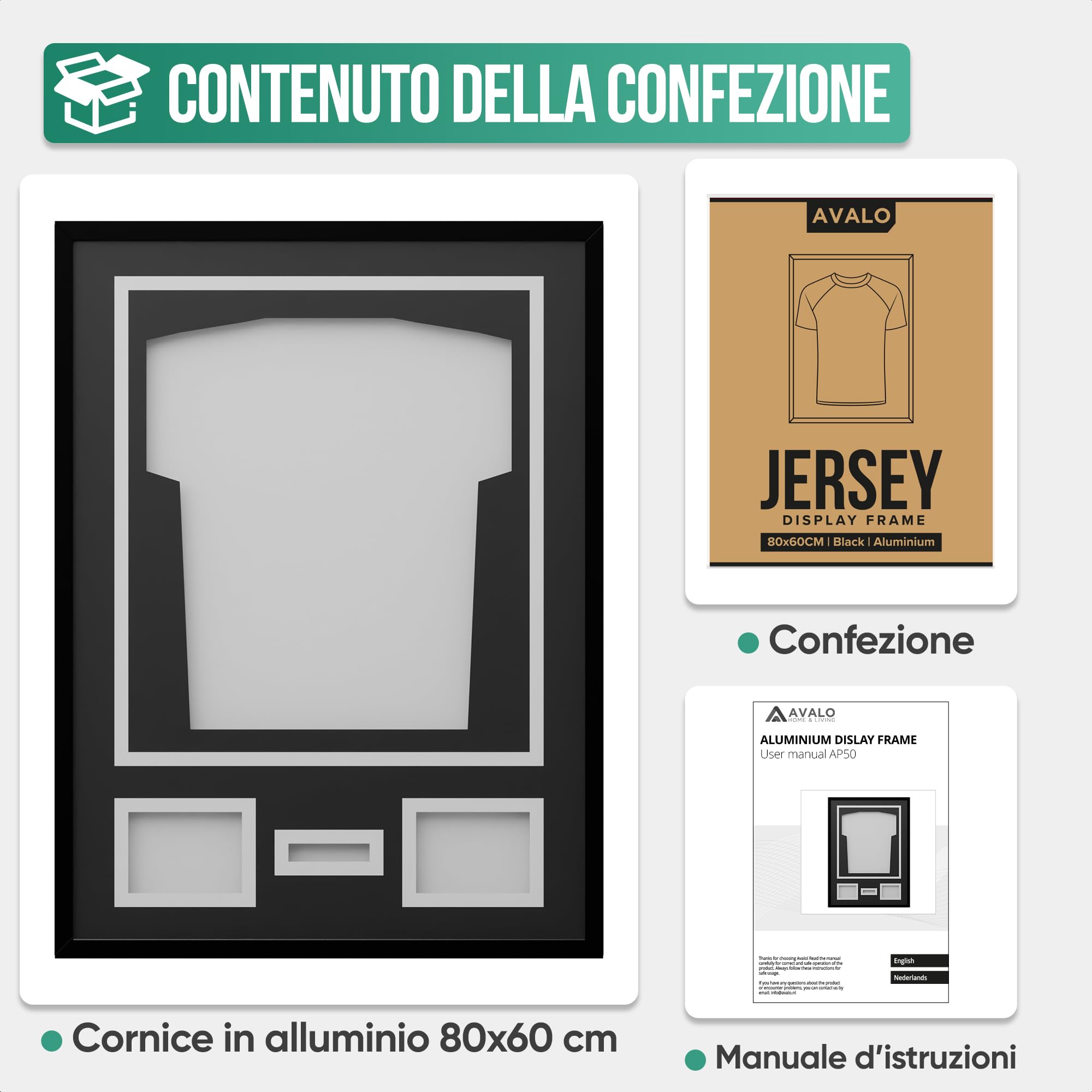 Avalo Cornice per oggetti in alluminio – Incorniciatura maglia da calcio – 3D Box Frame – 60 x 80 cm – Nero – Maglia incorniciata in cornice