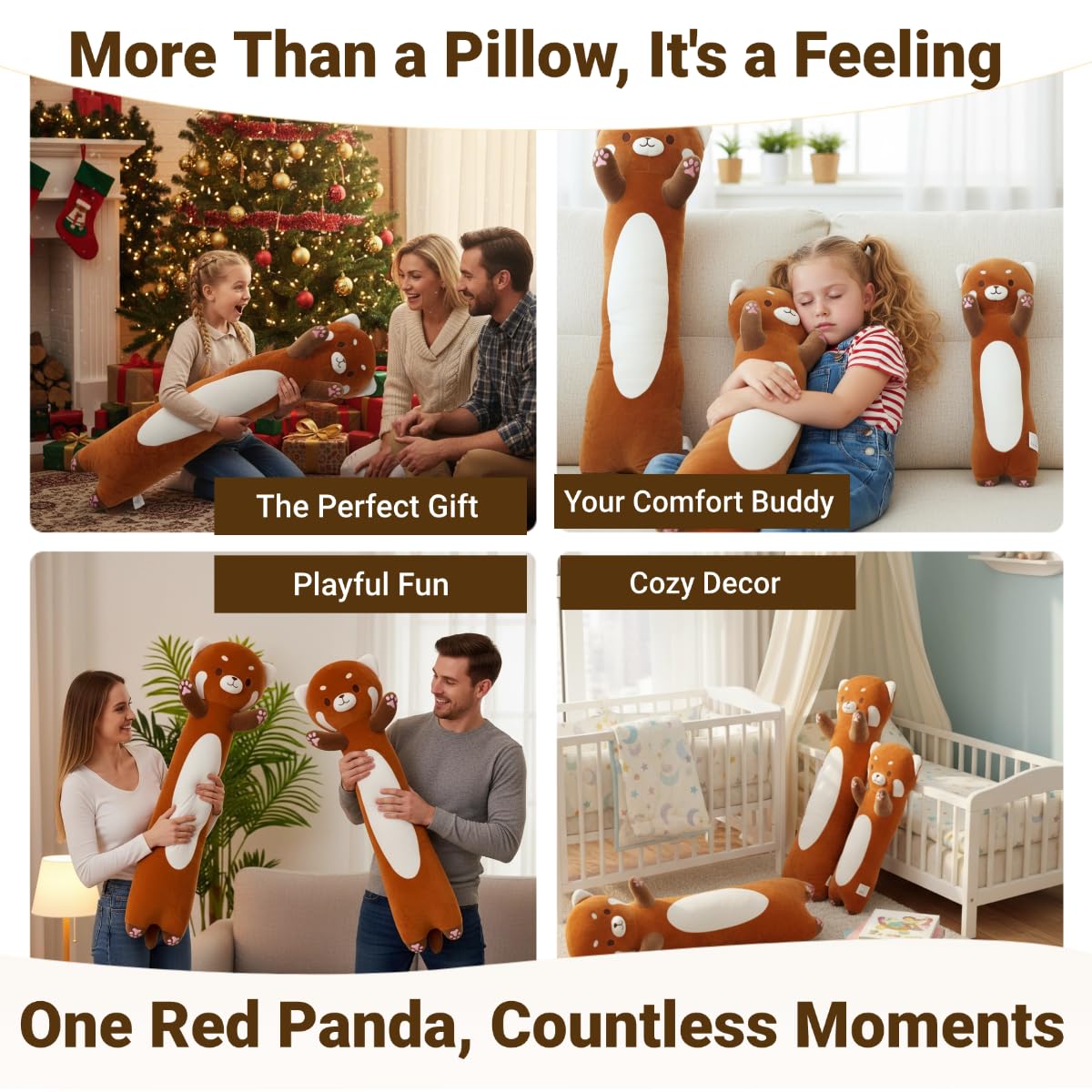 Kekeso Peluche a panda rosso lungo, 110 cm, morbido panda per bambini e adulti, dolce cuscino per letto, regalo di Natale, compleanno e San Valentino