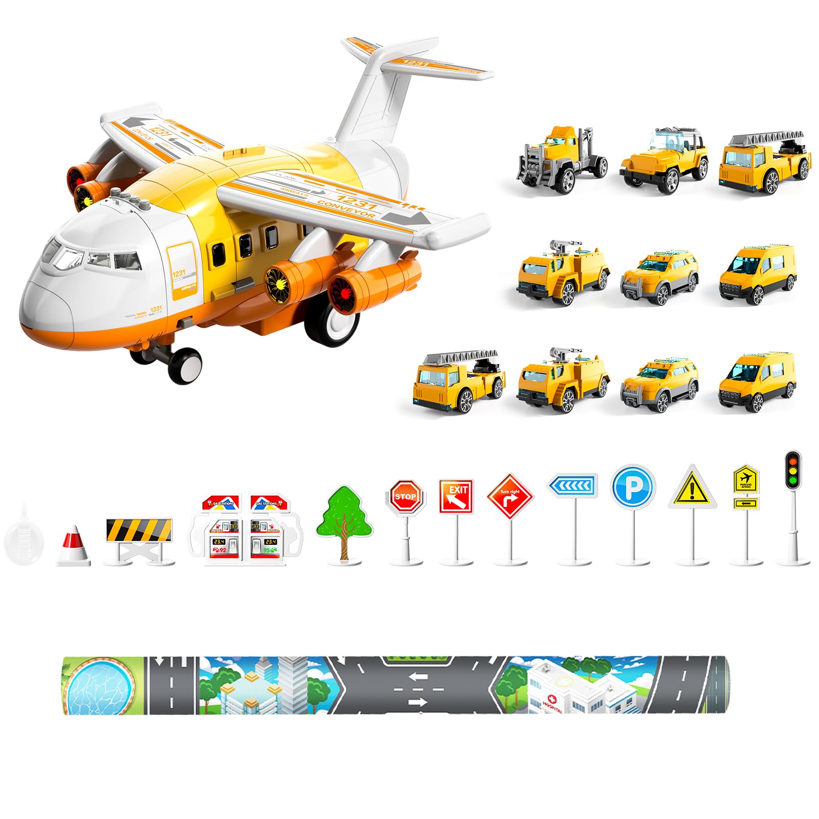 iHaHa Toy Airplane for Boys Kids Age 4-7, Airplane Toys for 3 Year Old, Large Transport Spray Aeroplane Toys with 10 Construction Vehicles, 3 4 5 6 Year Old Boy Toys Chirstmas Birthday Gifts