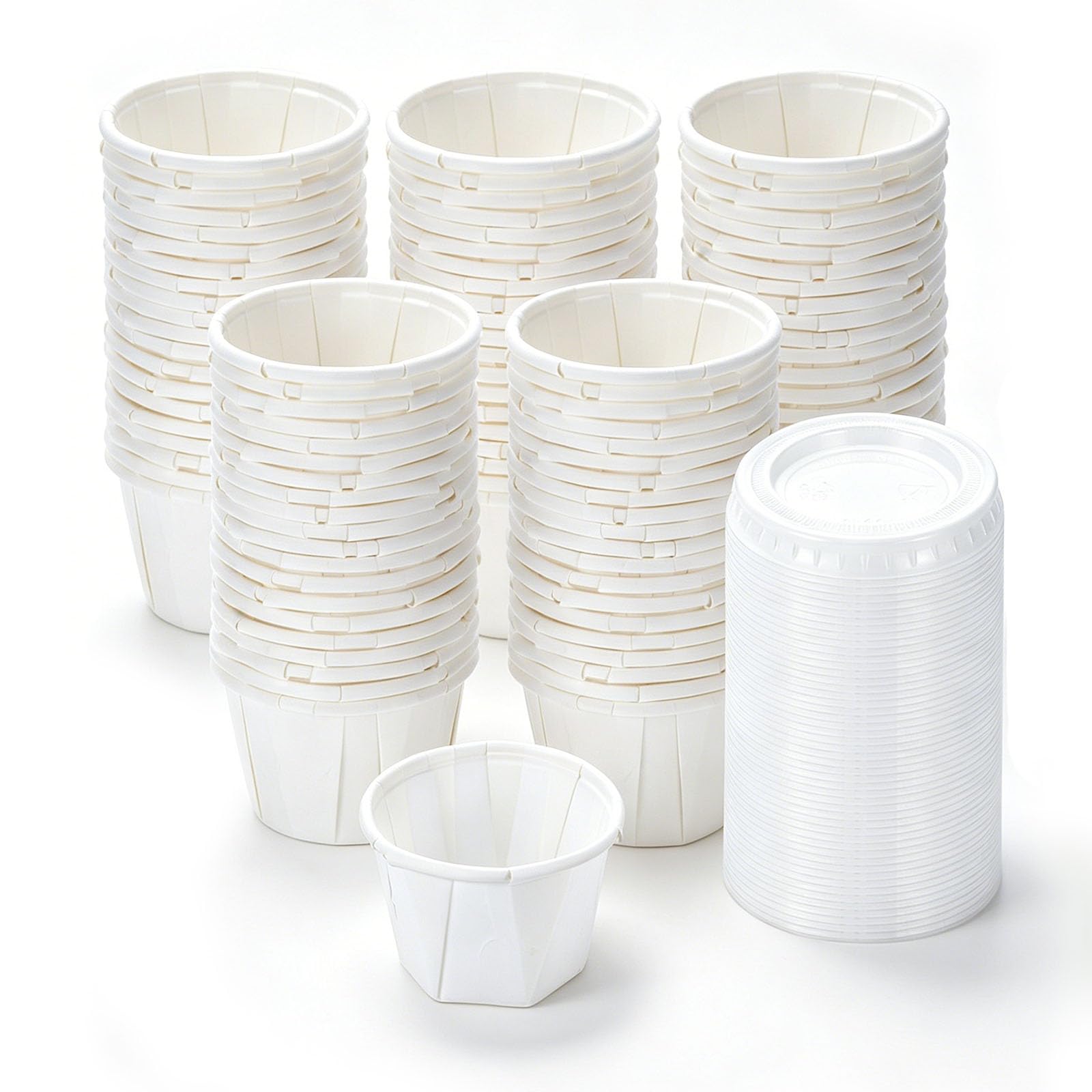 Cherrypick 100 Pack Disposable Paper Sauce Cups with Lids, 1oz Leakproof Small Condiment Containers for Dips, Dressings, Jello Shots, Meal Prep, Takeout & Parties (White1oz)
