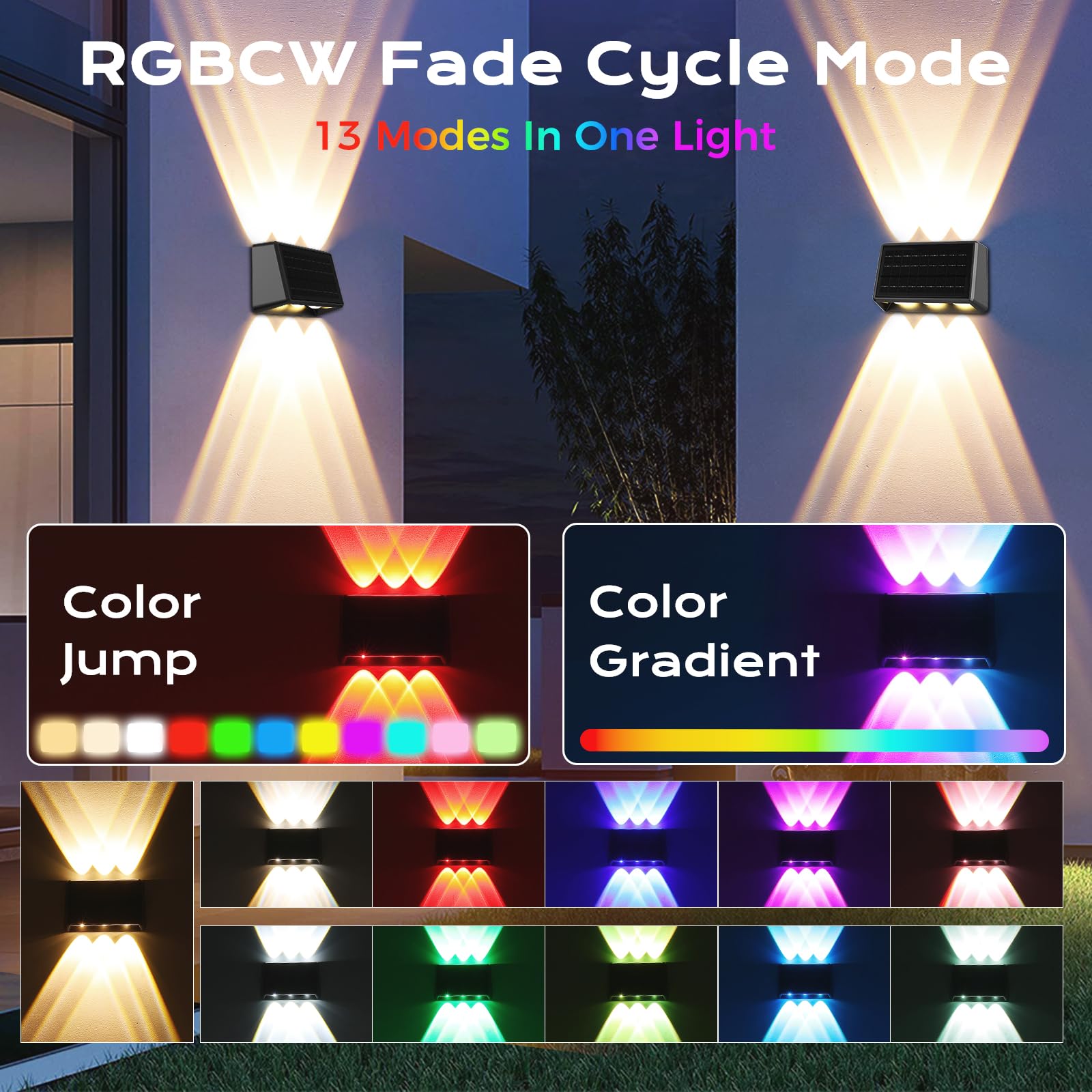 Quntis Applique da Esterno Solare Doppia Luce Bianca Calda e Colore 6 LEDs ad Alta Potenza, 13 Modalità, Lampada Solari da Esterno Parete Impermeabile IP65 per Recinzione Giardino Terrazze-Grande