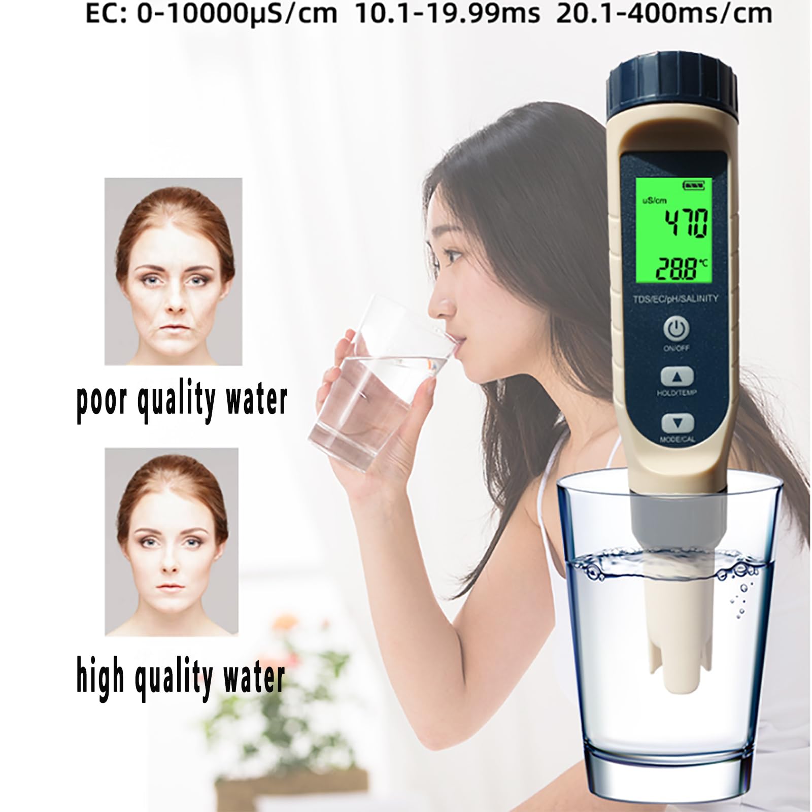 NGARY TDS Meter Digital Water Tester, TDS/pH/Temperature 5-in-1 PH Pen con Función De Retención De Datos, Rango De Medición De PH con 0-14, para Agua Potable, Piscina Y Acuario