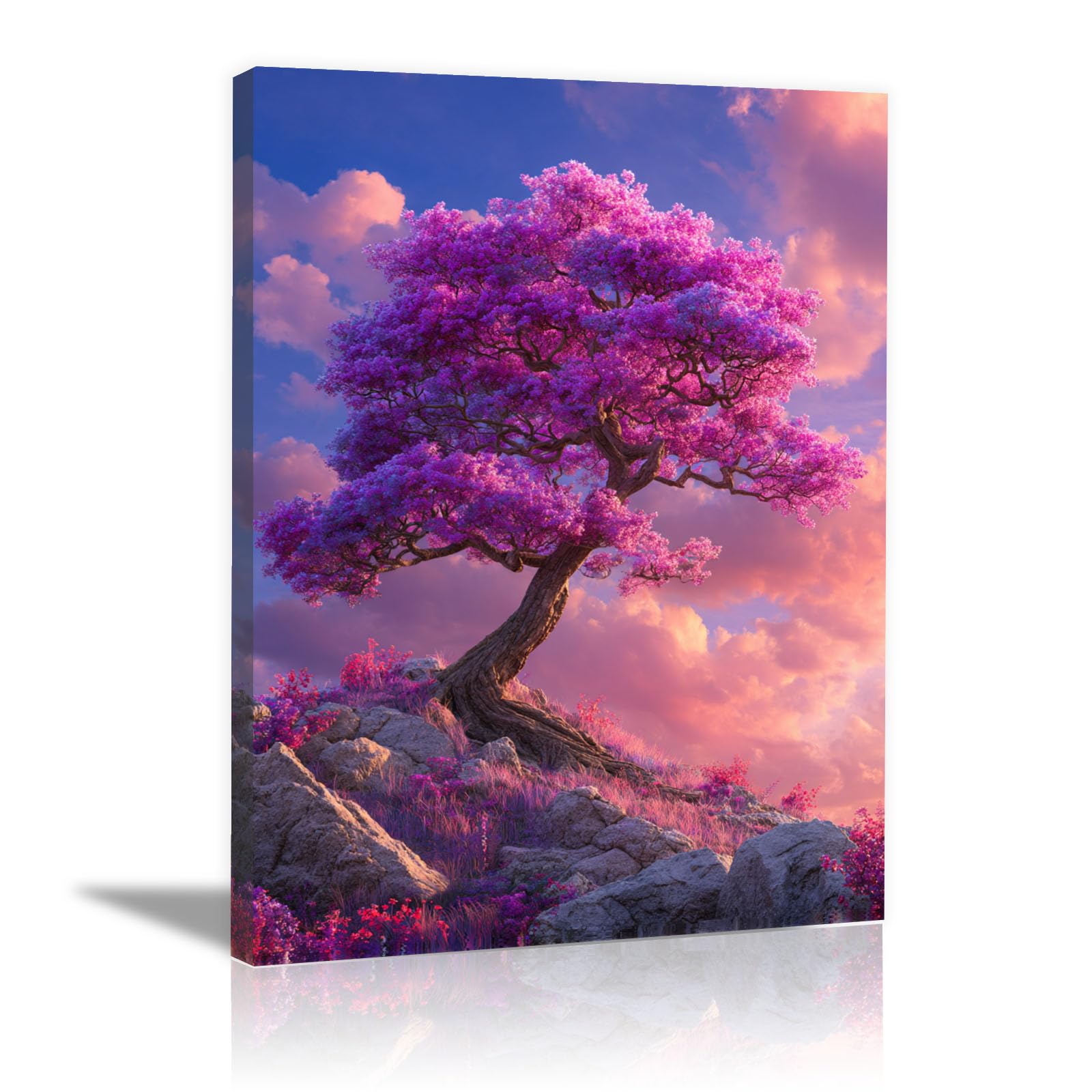 Teruea Pink Zen Canvas Wall Art Magenta Violet Blossom Tree, Hill, Cloud & Glowing Sunset For Home And Office Decoration(Pink)-70X100cm1 Framed