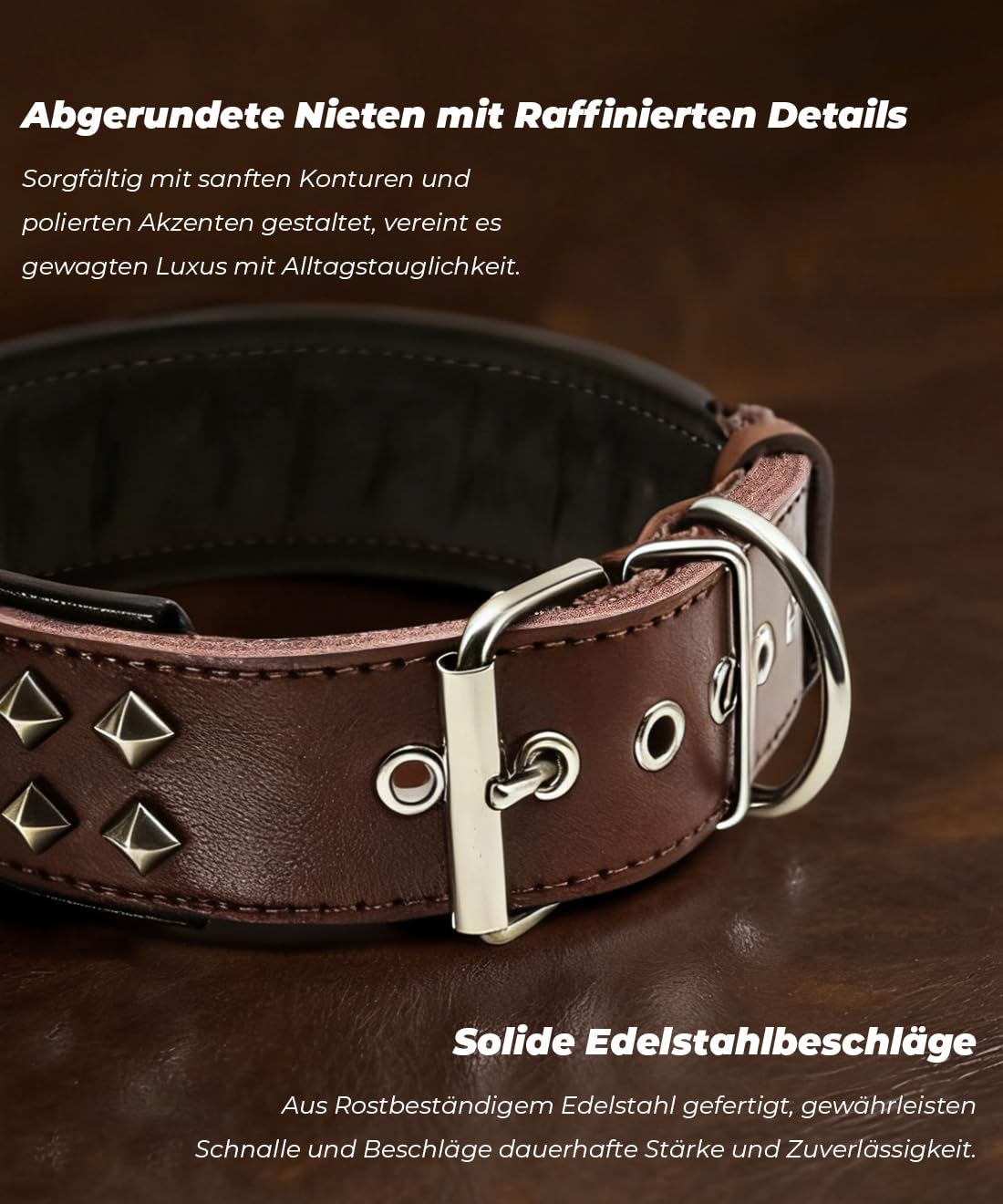 EliteGuard Hundehalsband Leder, 5,6 cm Breit, Handgefertigt Mit Nieten Und Edelstahlschnalle, Für Den Täglichen Gebrauch Bei Großen Hunden Braun 36.5-47.5 cm