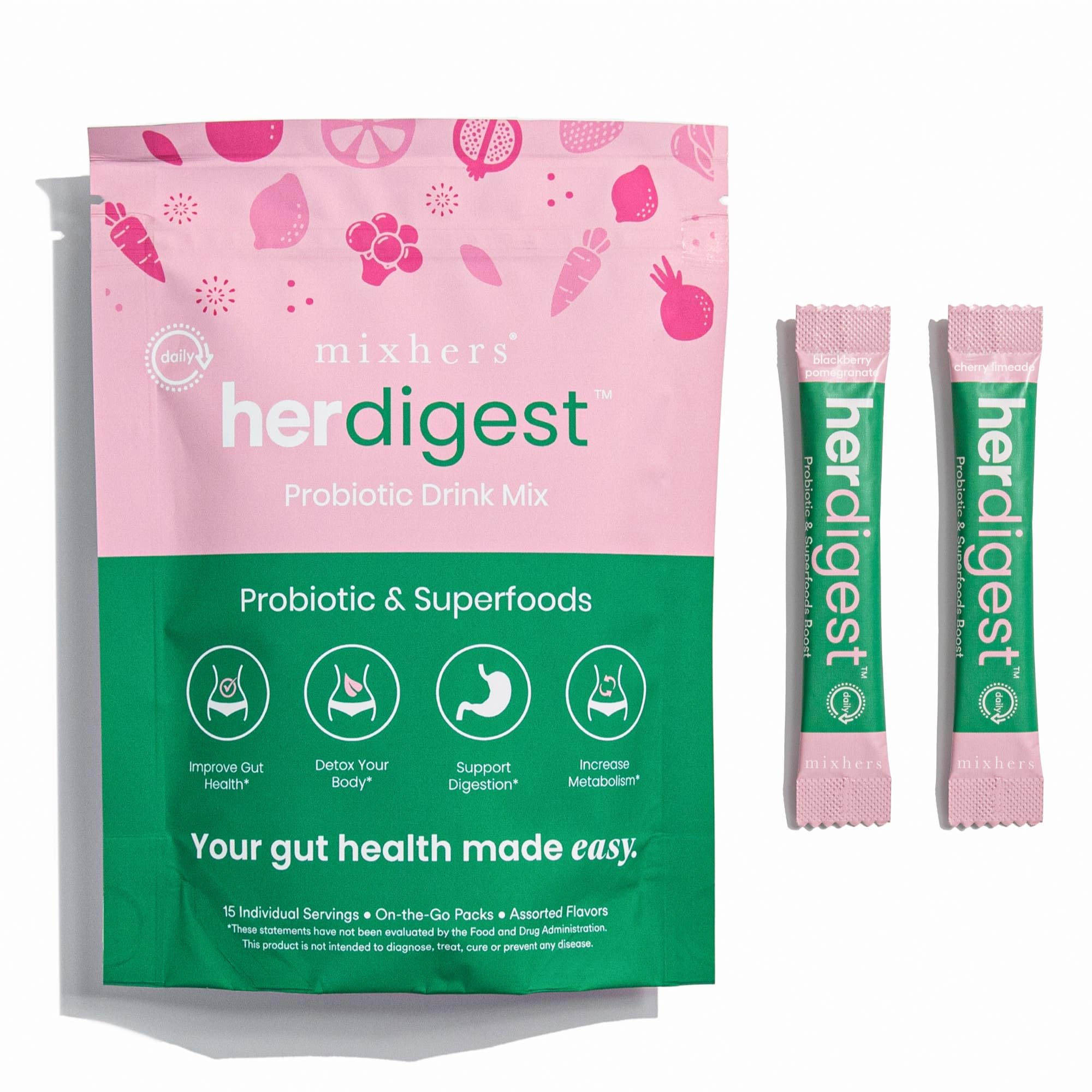 Mixhers Digestion - Gut Health Supplement - For Metabolism, Digestion & Detox - Prebiotics & Postbiotics Drink Mix - With Bacillus Coagulans & L-Glutamine - 15 Packets - Cherry Limeade