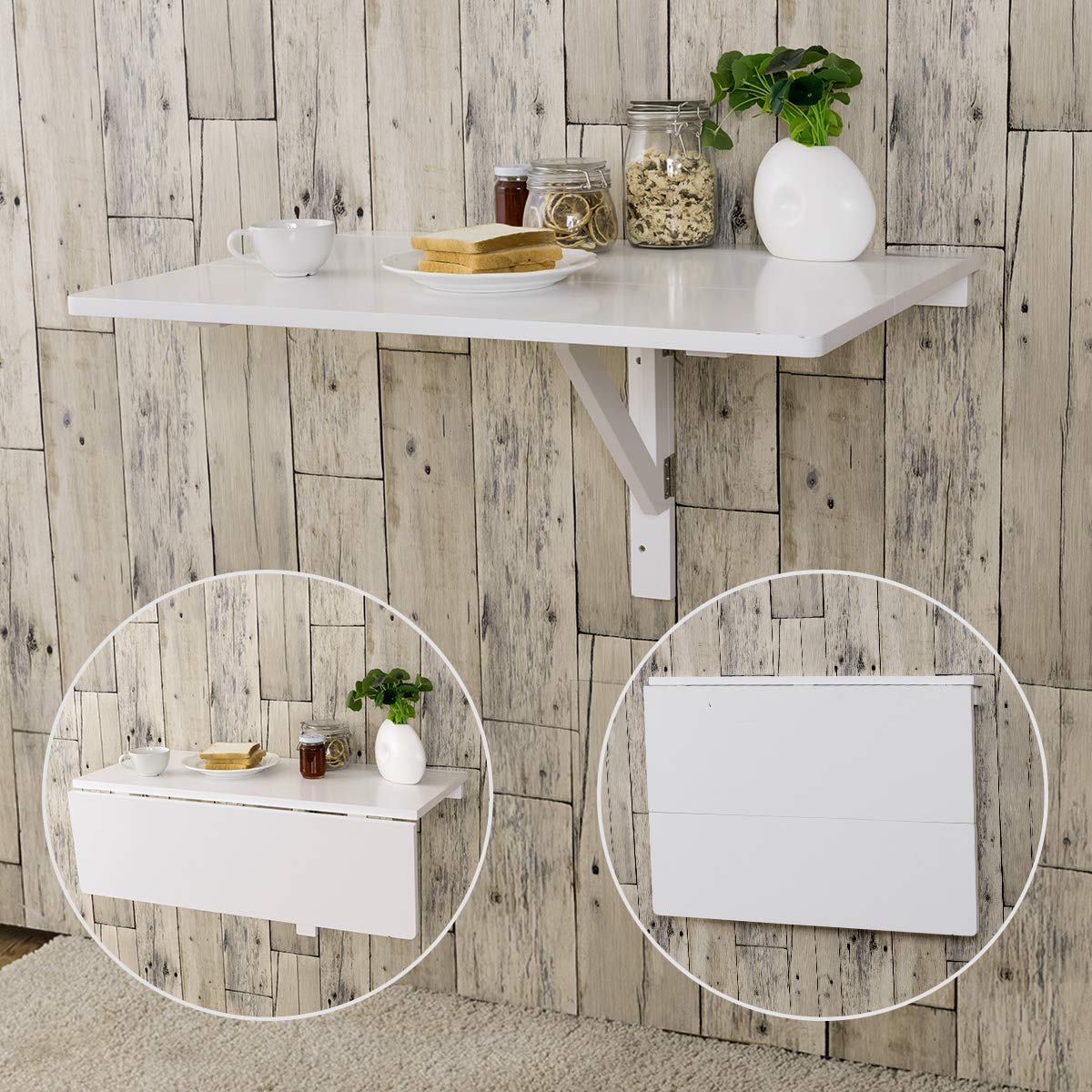 COSTWAY Table Murale Rabattable en Bois de Pin Double Plateaux Table de Cuisin Pliable 80 x 60 x 43 cm (Blanc)
