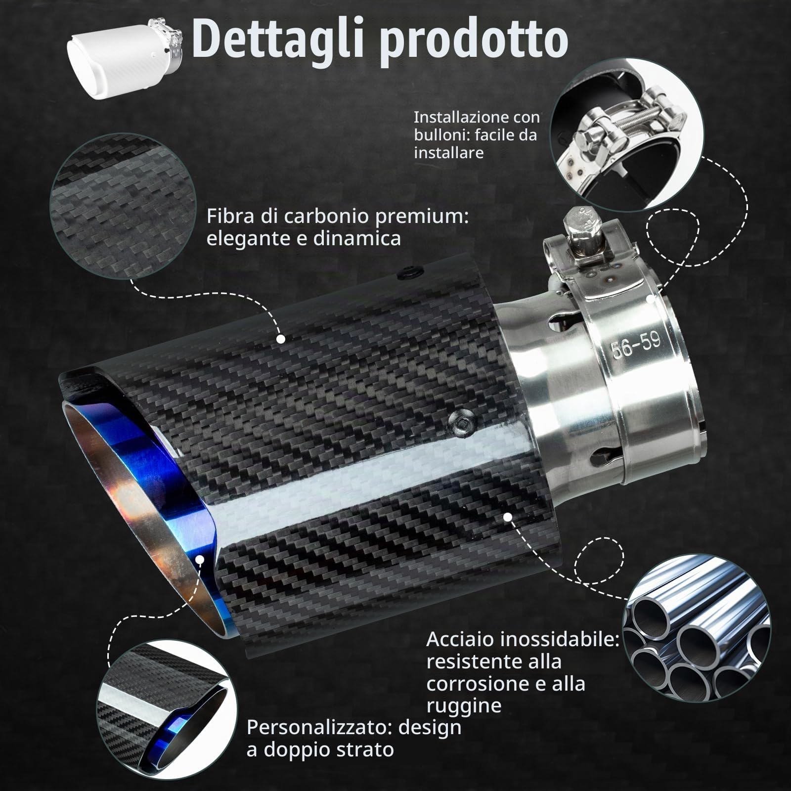 Catekro 54mm Terminale Scarico Auto Universale, Uscita Scarico, Blu Nero | in Acciaio Inox 304 & Fibra di Carbonio Tubo Terminale Marmitta Sportivo Fissare con Bulloni Chiave Inclusa