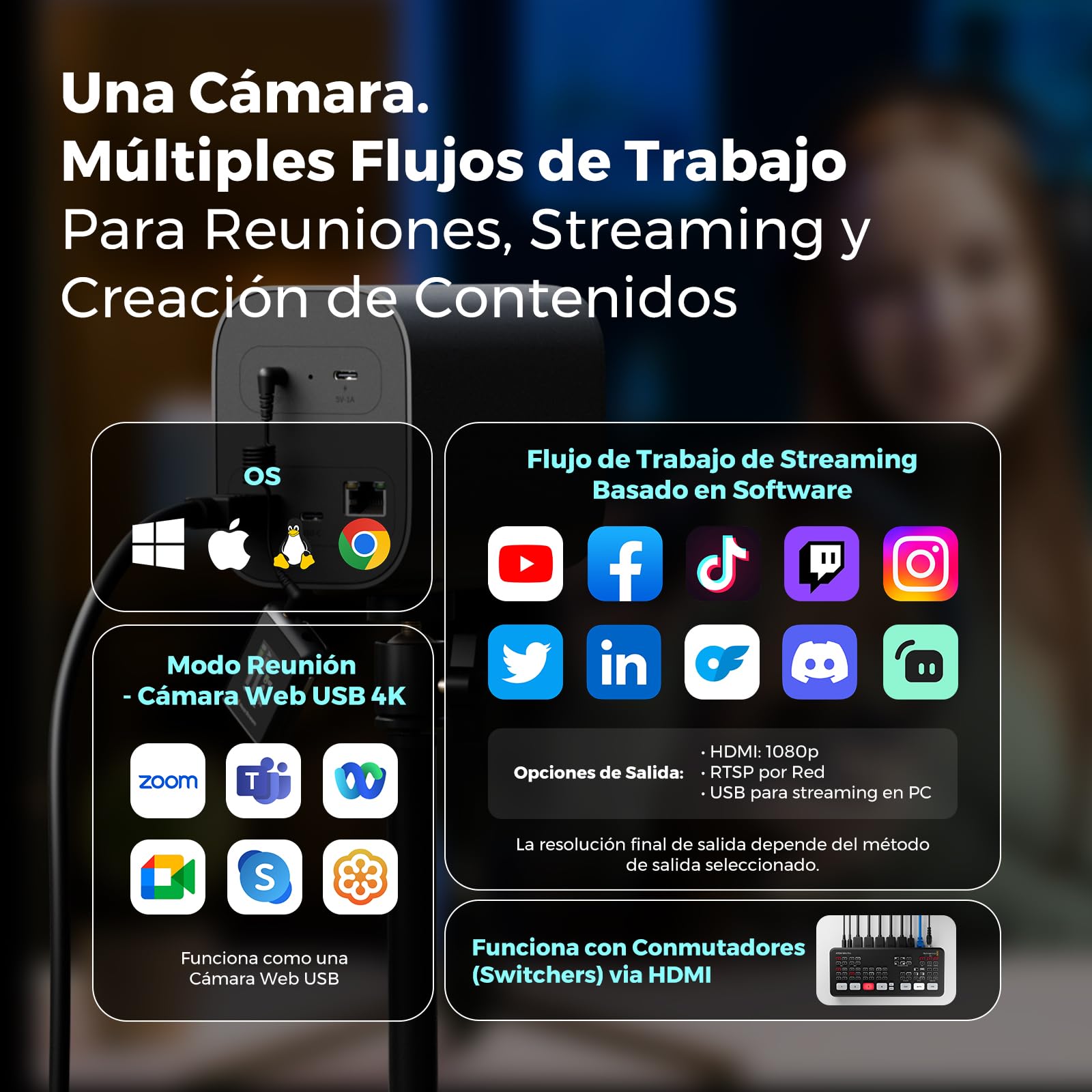NearStream VM33 Cámarade Streaming 4K/30 fps, 40X Zoom Híbrido | Sensor CMOS 1/2,8″ ,Mics Incorporados con Reducción de Ruido,Admite Micrófono Externo,Configuración Multi-Cámara Compatible