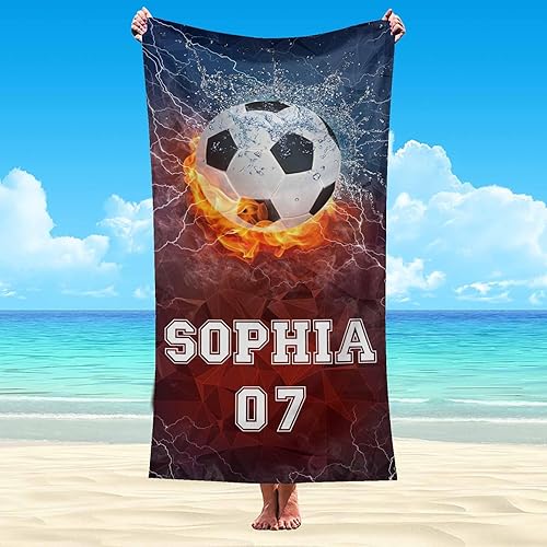 Toalla de baño personalizada con número para niños, niñas, amigos, toalla de playa personalizada con nombre de número de fútbol para viajes y baño,