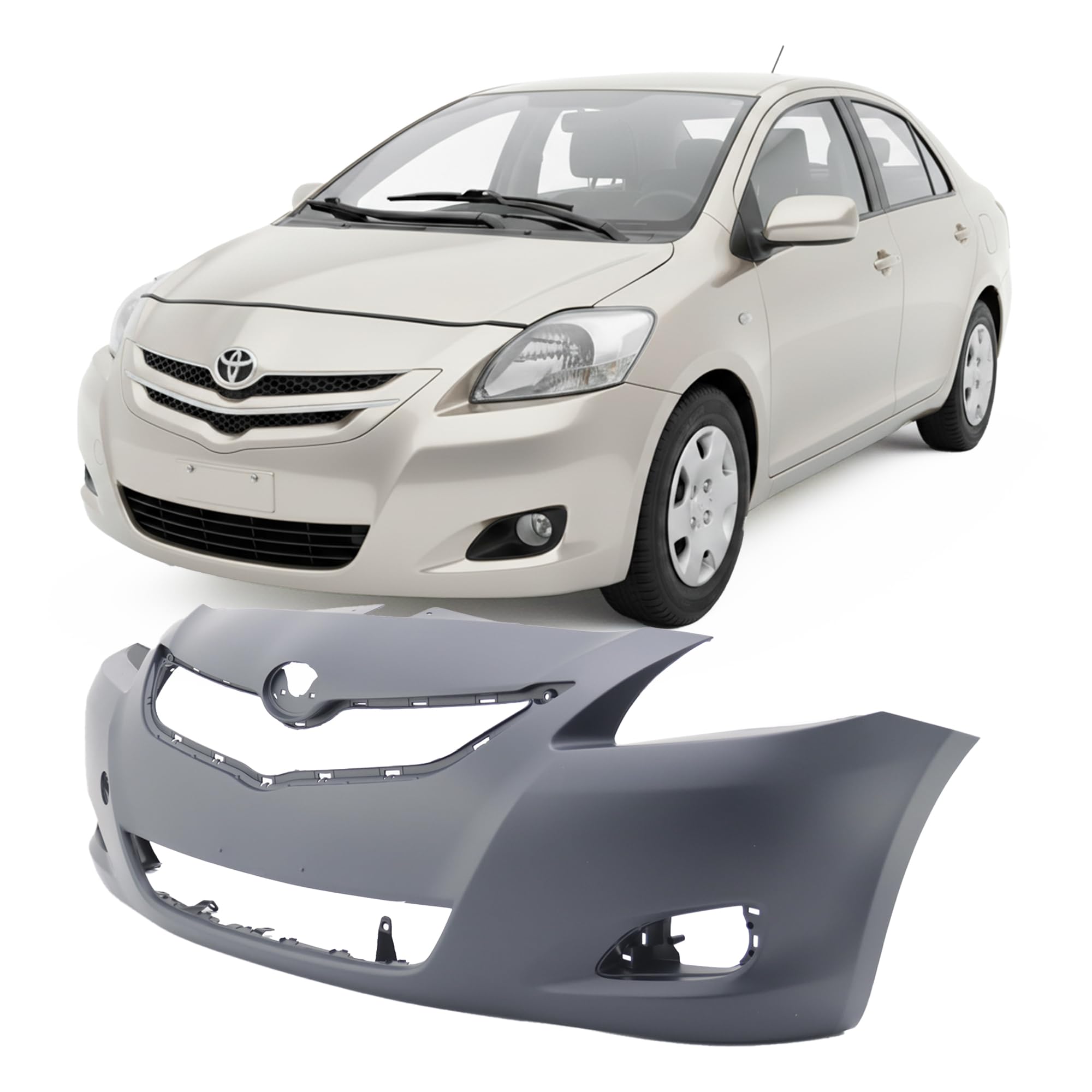 FitParts Compatible with Front Bumper Cover Fascia 2007-2012 Toyota Yaris Sedan. New Primed Without Sensor Holes, With Fog Light Holes. TO1000321 5211952934 2008 2009 2010 2011