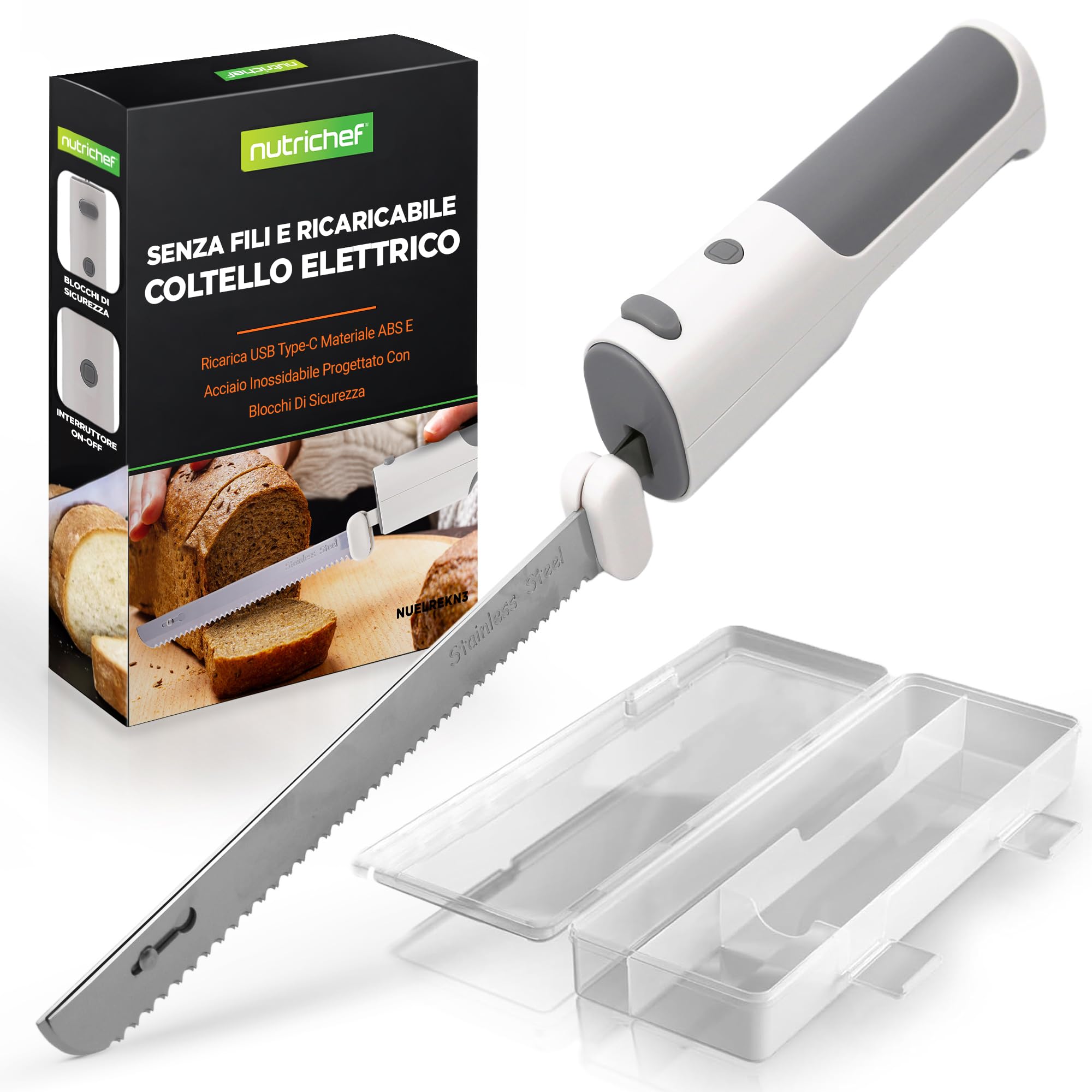 NutriChef Coltello Elettrico da Cucina Cordless, Facile da Usare con Pulsante Sicurezza ON/OFF, Coltello Elettrico Affetta Tacchino, Carne, Pollo, Pane, Formaggio, Leggero, Ergonomico