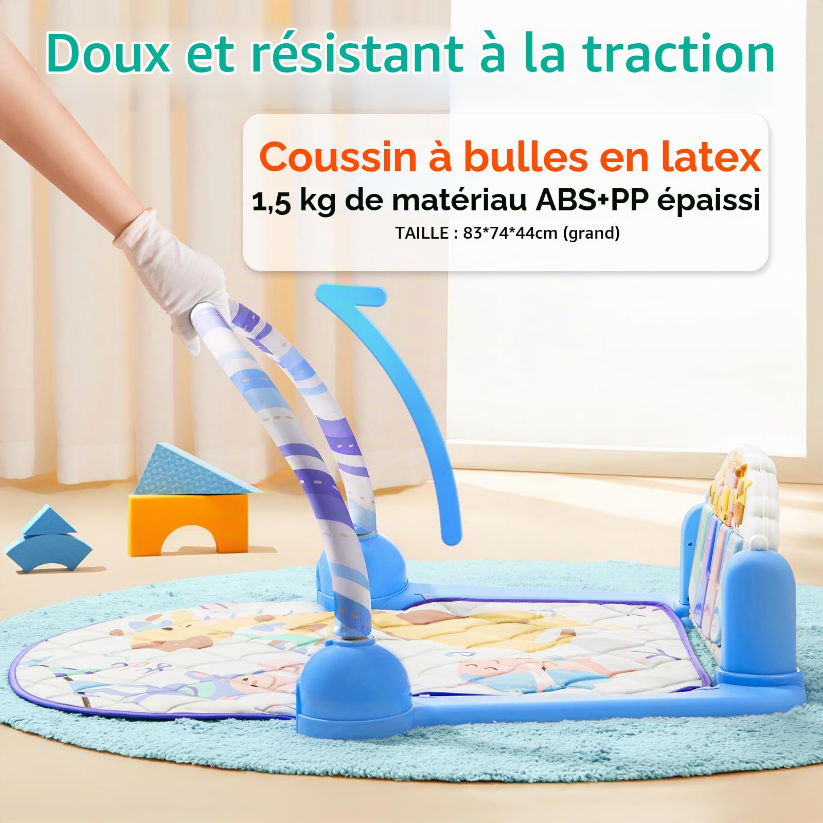 Auby Tapis d'Éveil pour Bébé Adventure Band - 5 Jouets Suspendus & Piano à Pied, Gym 3 Étapes (0-36 Mois), Structure Renforcée, Tapis en Latex Thaïlandais, 2 Modes Musicaux