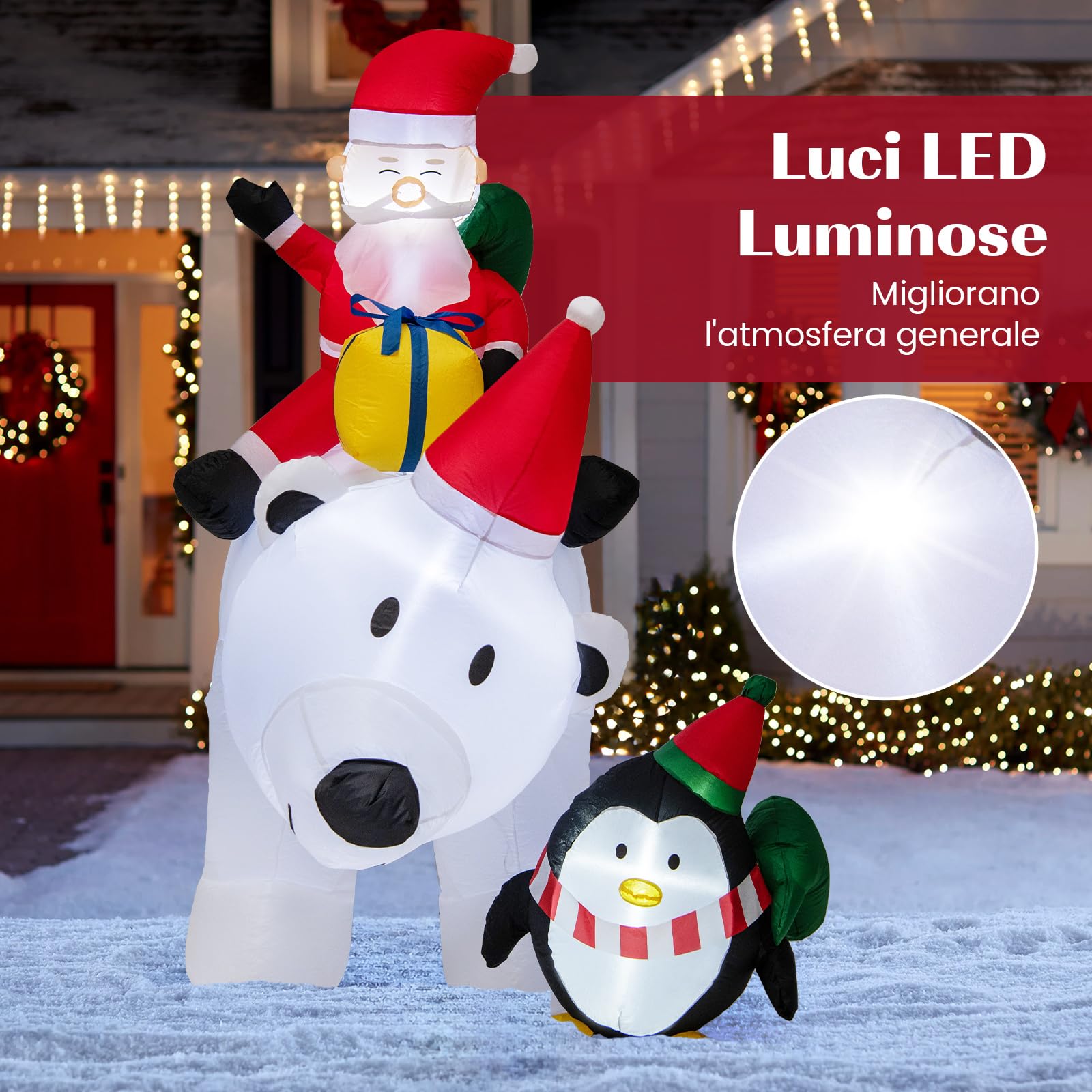 COSTWAY Decorazione Gonfiabile di Natale 210 CM, Babbo Natale Gonfiabile che Cavalca Orso Con Illuminata a LED, Funzione di Scuotimento della Testa, per Prato, Giardino e Cortile