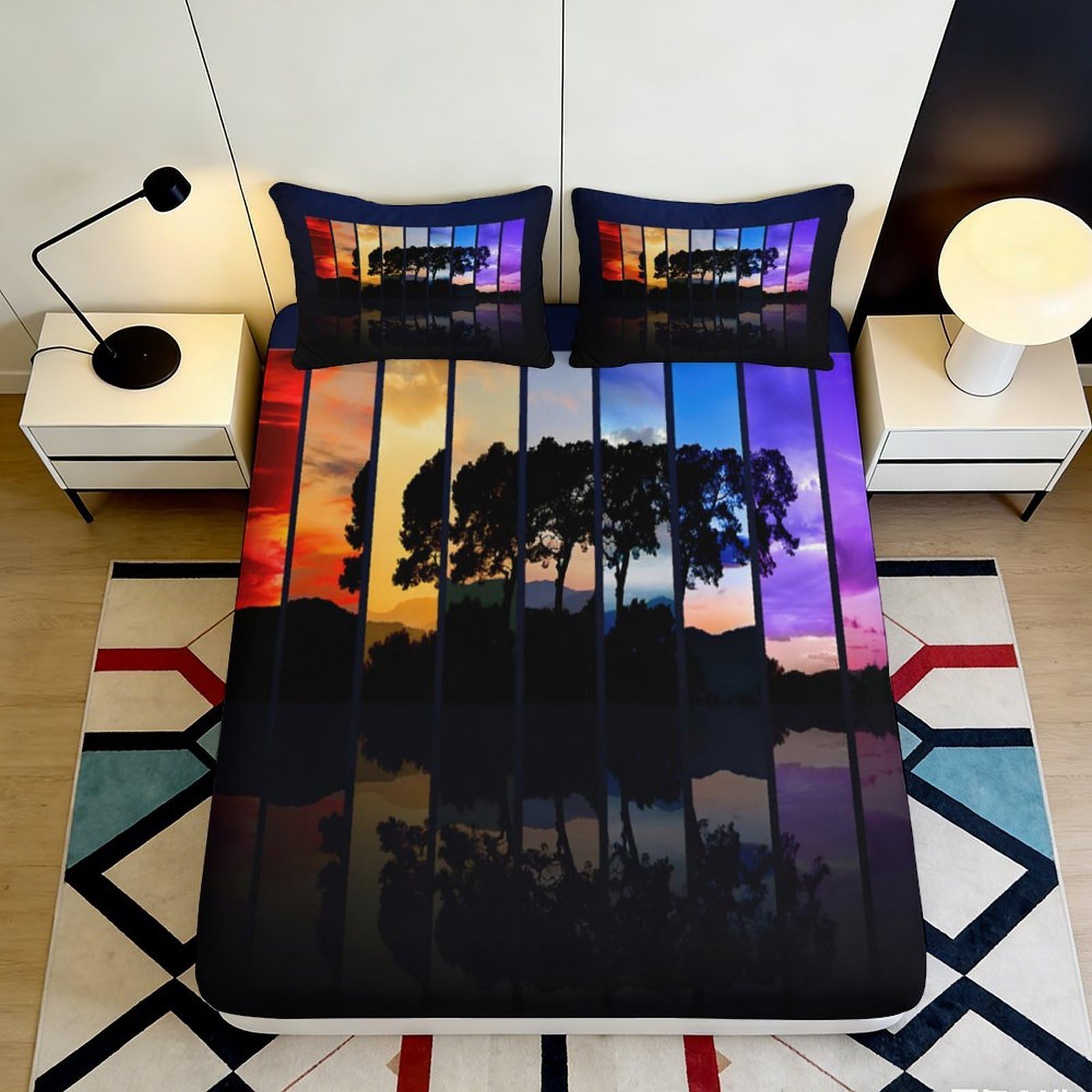 3D Printed Sunset Forest Fitted Sheet Microfiber Deep Pocket Non-Slip Bedding Sunset Forest Mattress Fitted Cover 200x200x25cm 90x200x25cm