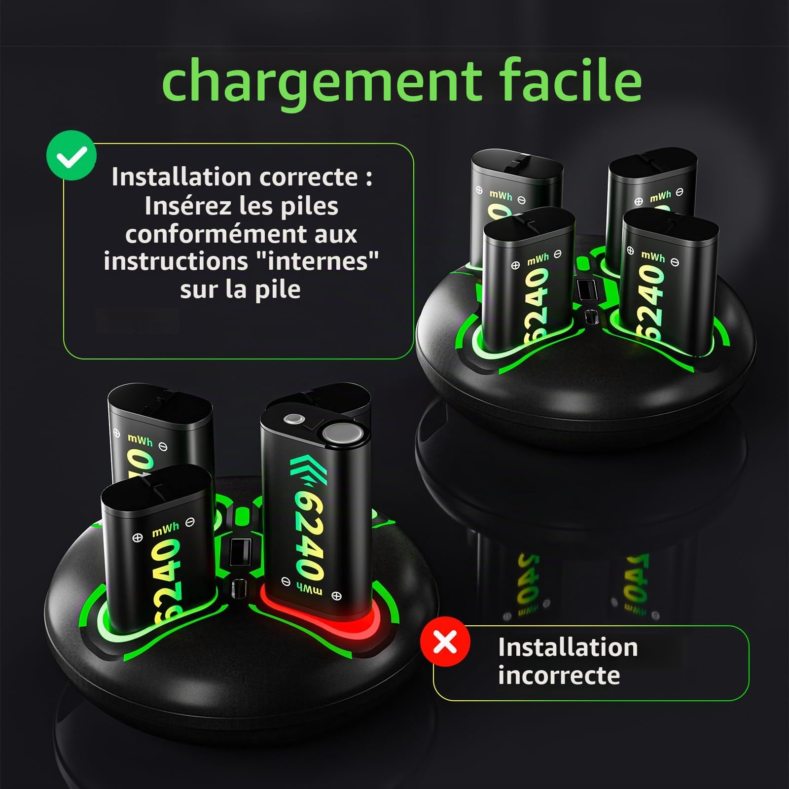 Chargeur pour Manette Xbox avec 4 Batteries 6240 mWh, Station de Charge Rapide avec Affichage LED, Compatible avec Xbox Series X|S, Xbox One S/X/Elite - Noir
