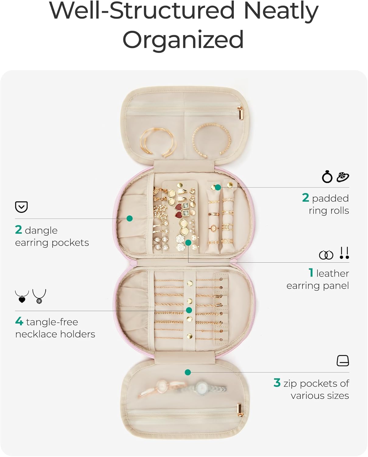 BAGSMART Travel Jewelry Case Jewelry Organizer Storage Roll Rings Necklaces Earrings Bracelets Brooches Watch Large Portable Light Pink - Image 2