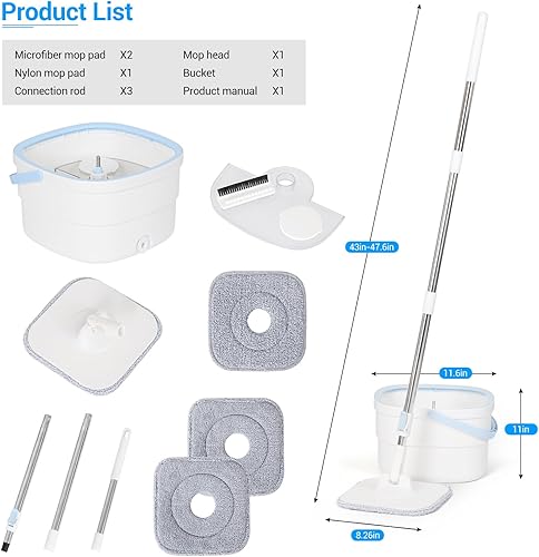 Miniatura 6 de Juego de trapeador giratorio y cubo con escurridor para limpieza del hogar, trapeador giratorio con agua sucia y limpia separada para suelos