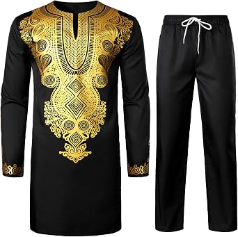 ZEROYAA Mens Africa Suit Long Sleeve Bronzing Print Shirt and Pants Outfit Traditional 2 Piece Set