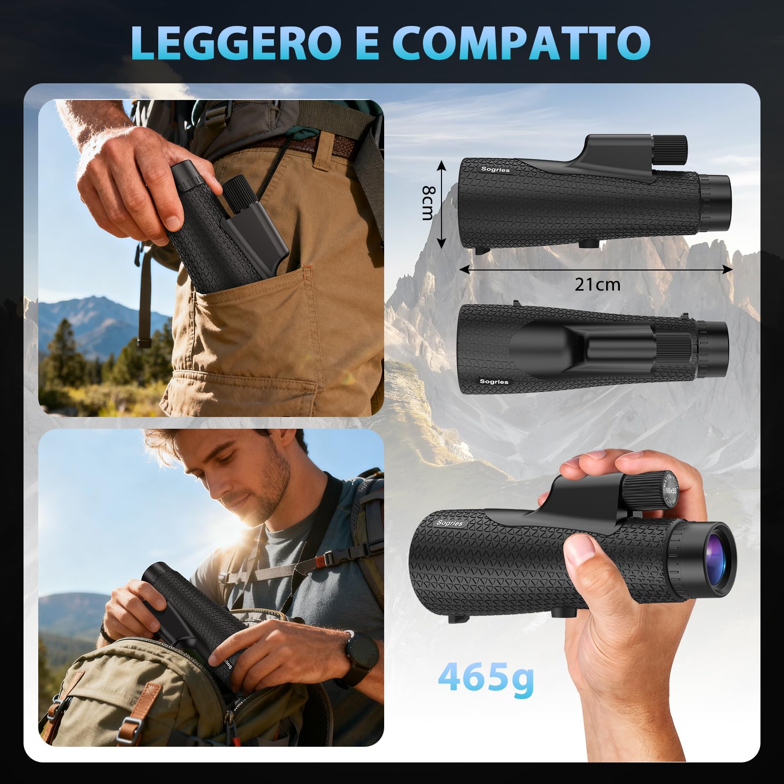 Sogries Monocolo 15x55 con Treppiede e Adattatore Smartphone | Prisma BAK4 e lenti FMC | Obiettivo 55 mm luminoso | Rotazione 360° | Design antiscivolo | Cinturino da polso incluso