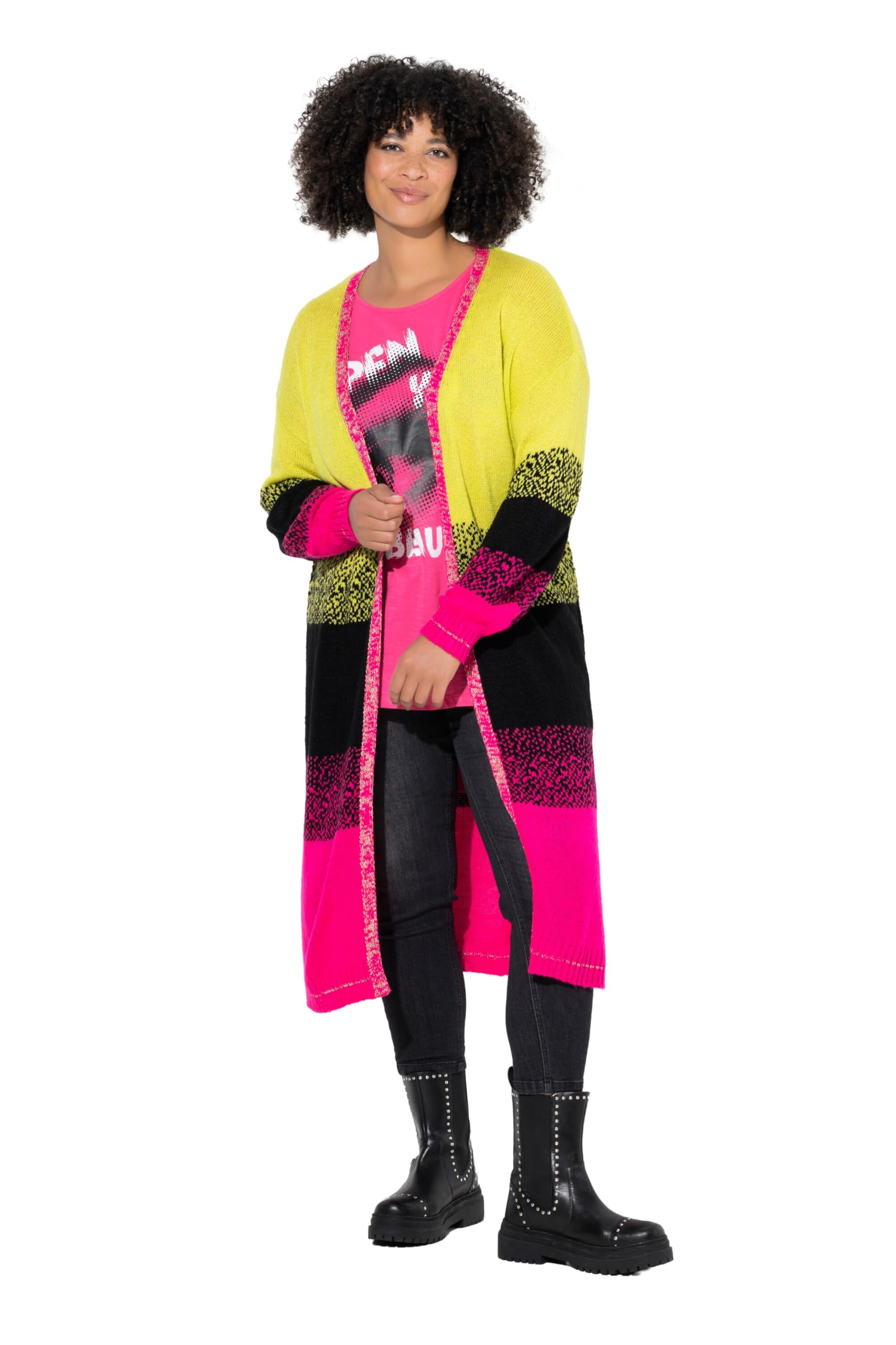 Angel of Style Damen große Größen Übergrößen Plus Size Long-Strickjacke, Blockstreifen-Farbverlauf, offene Form 843748