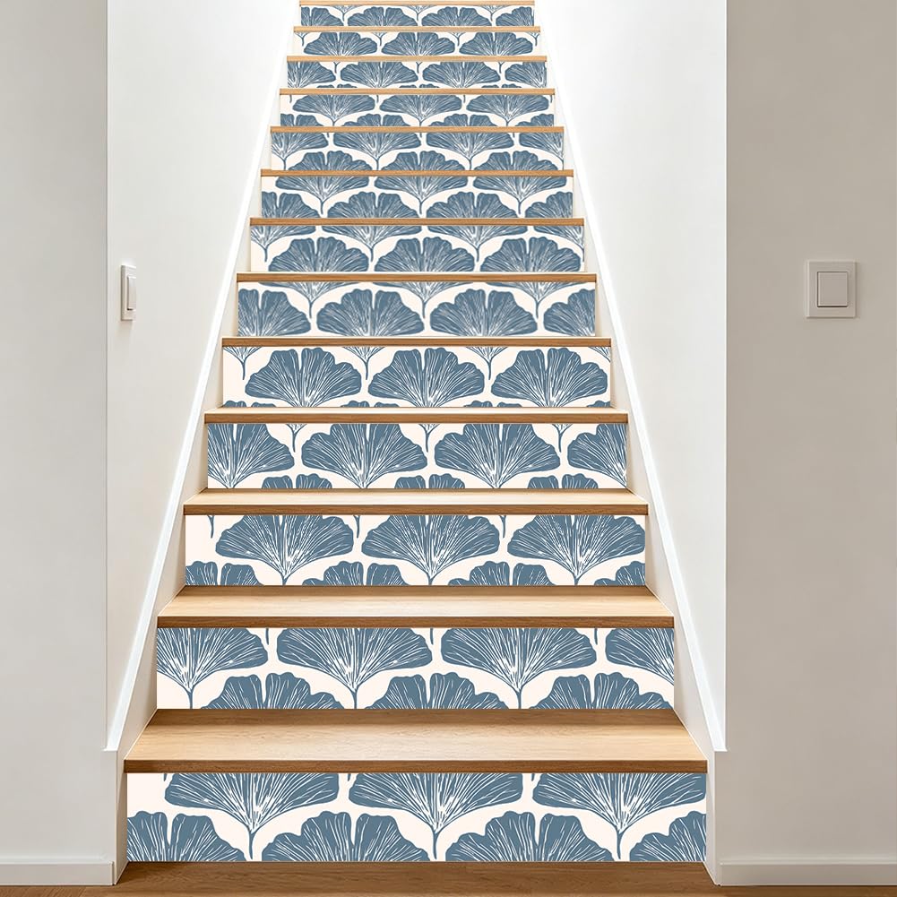 TNKBREEZE 15 Strips Peel and Stick Stairs Stickers Blue Ginkgo Stair Riser Decals Self-Adhesive Removable PVC Art Sticker Decor for Steps Staircase Murals Decals 39.37"×7.09"