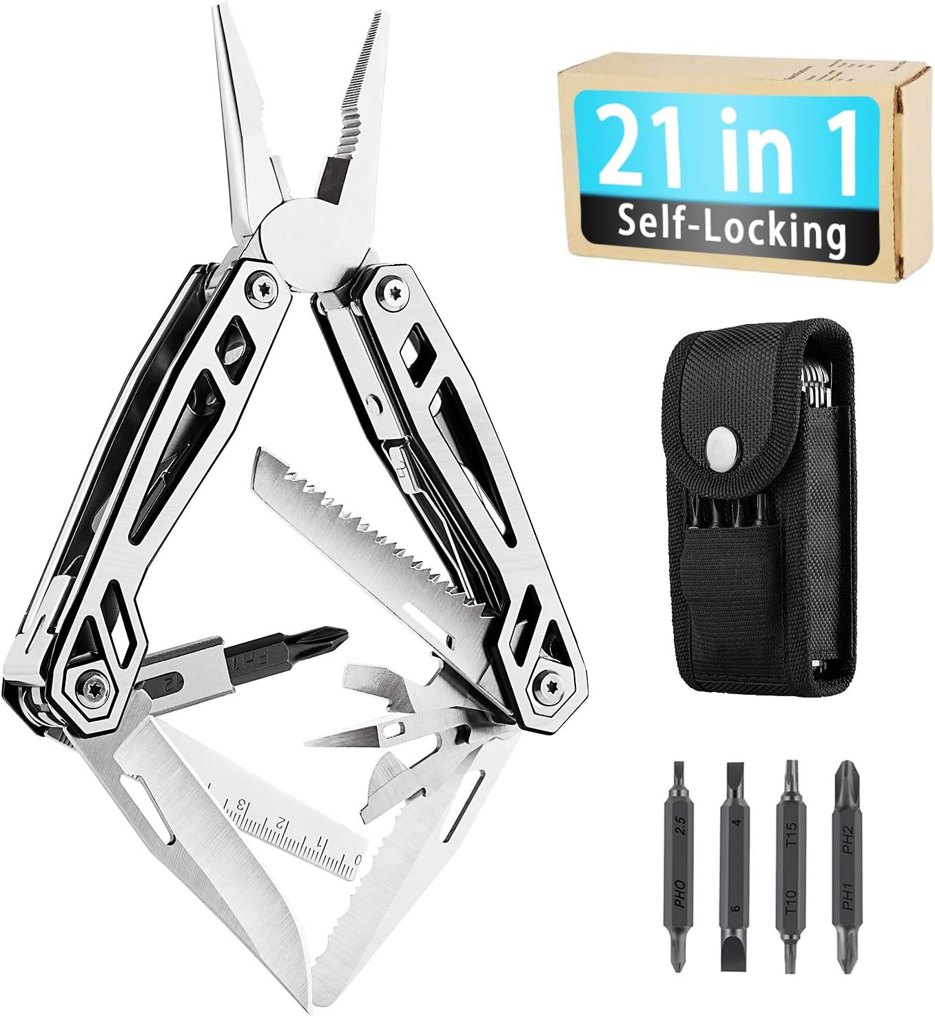WETOLS Multitool, 21-in-1 Hard Stainless Steel Multitool, Foldable & Self-Locking, Multi-pliers Used as Knife, Bottle Opener, Screwdriver, Sickle etc, Gifts for Men WE-182 - - 