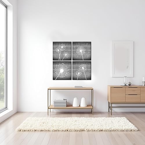 Miniatura 4 de sechars Lienzo decorativo de diente de león para pared, pinturas blancas y grises, decoración moderna para dormitorio y baño (12 x 12 pulgadas x 4