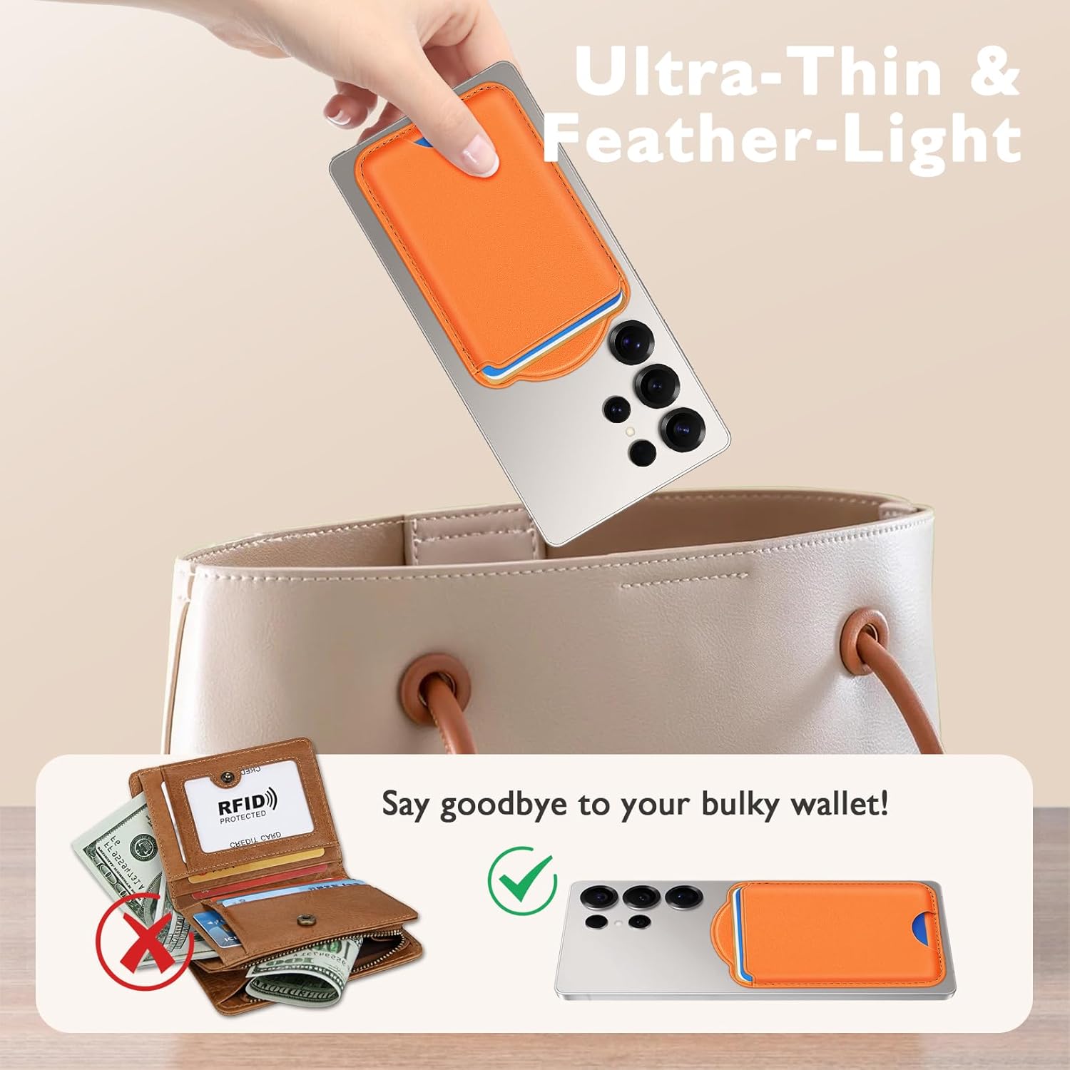 Compatible with Magsafe Wallet Magnetic Card Holder - Phone Wallet for Samsung Galaxy S25 Series,for iPhone 17/16/15/14/13/12 Series for Women Men for Apple Mag RFID Magnet Fit 3 Cards,Orange - Image 2