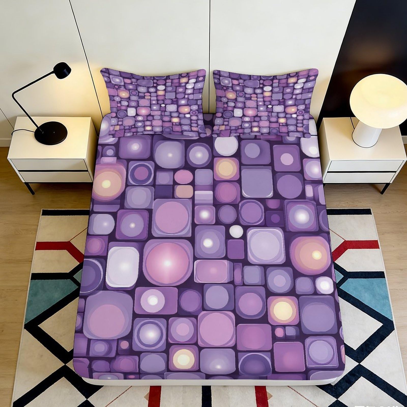 3D Printed Purple Geometric Fitted Sheet Microfiber Soft Mattress Cover for Bedroom Dorm Artistic Decor 120x200x25cm