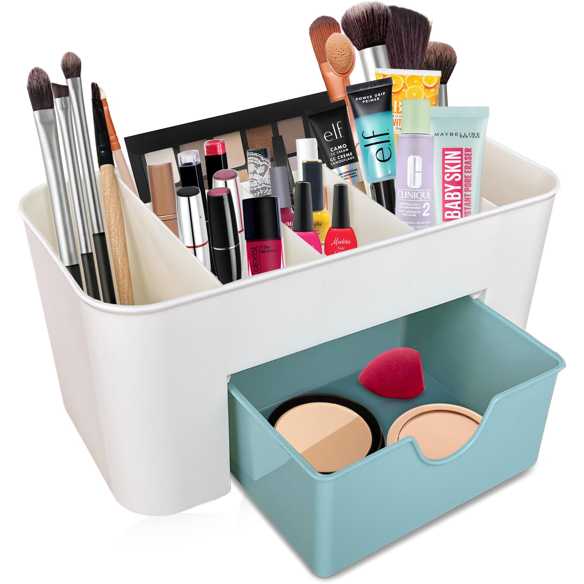 MAJIMOL Organizador de Maquillaje de 6 compartimentos y 1 cajón - Maximiza tu Espacio con nuestro Organizador Maquillaje - Organizador Brochas Maquillaje (Cajón Azul)