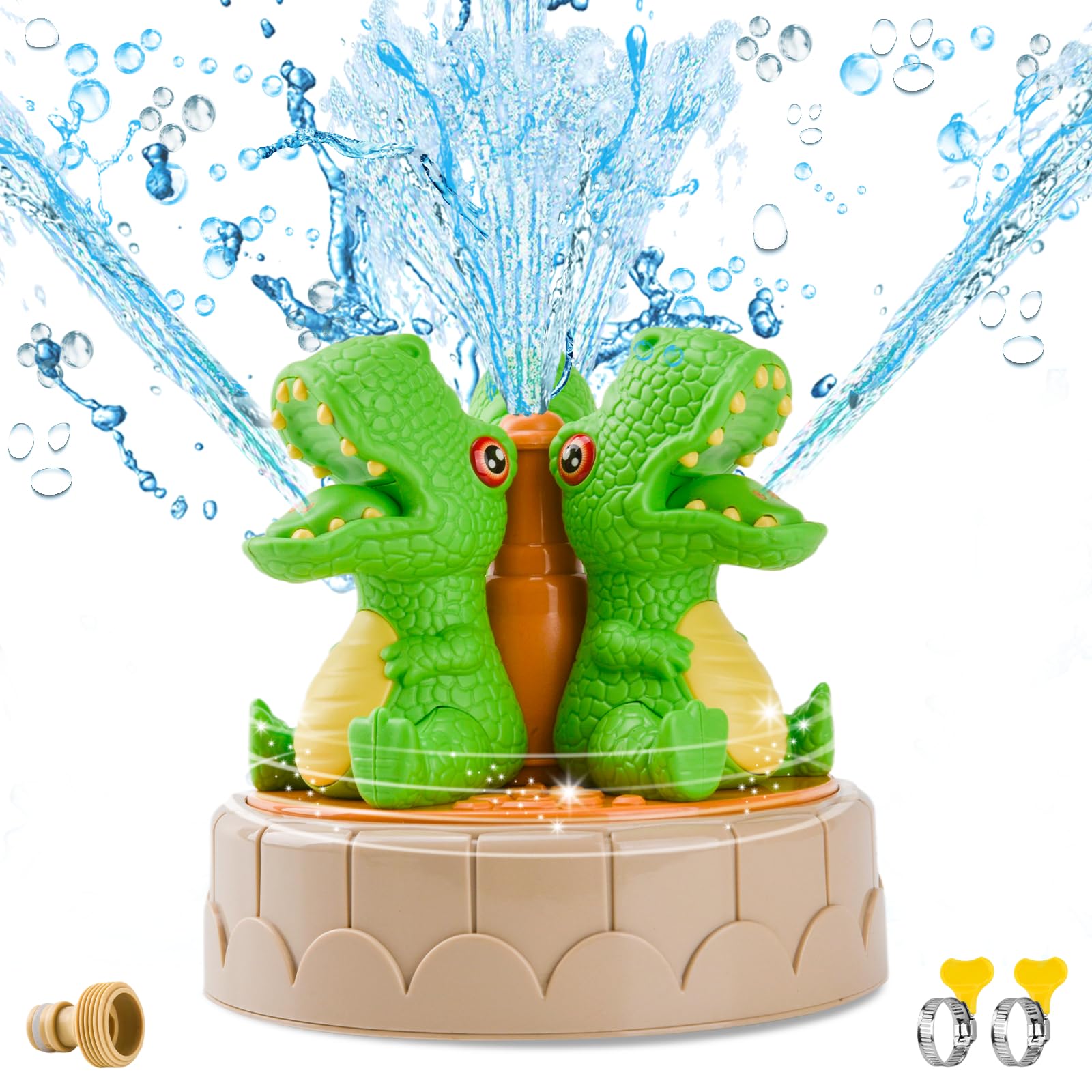YAOZUP Juegos de Agua para Niños Exterior, Rociador de Agua para Niños con 2 Abrazaderas de Manguera, Rociador de Juguete de Jardín, Juegos Exterior Niños 3 4 5 6 7 8 Años (Dinosaurio)
