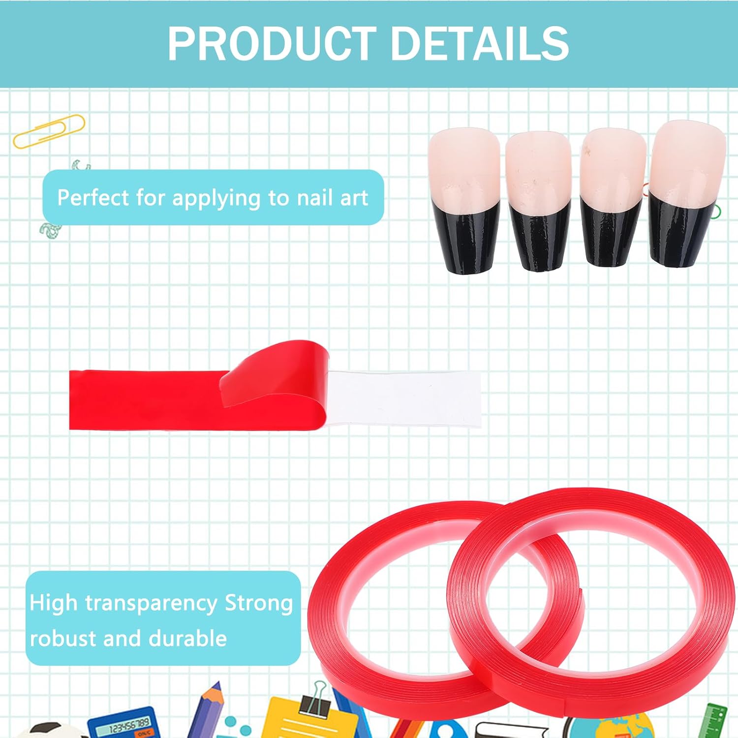 2 Rolls Nail Art Tape, 98FT Double Sided Tape Nails, Waterproof Removable Traceless Clear Mounting Tape, Press on Nail Supplies for Nail Tips Colors Designs Showcase thumbnail