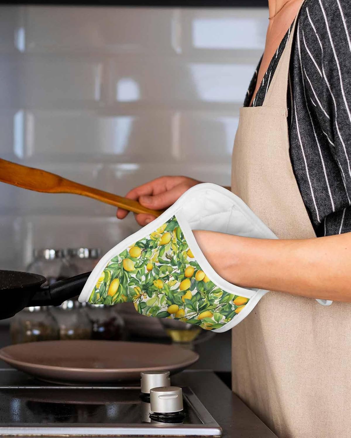 5 Pack Pot Holder with Pocket, Watercolor Yellow Lemon Green Leaves Kitchen Potholders Heat Proof Non Slip Pot Holders Sets, Farm Fruit Flower Hot Pads Potholder for Cooking Baking BBQ