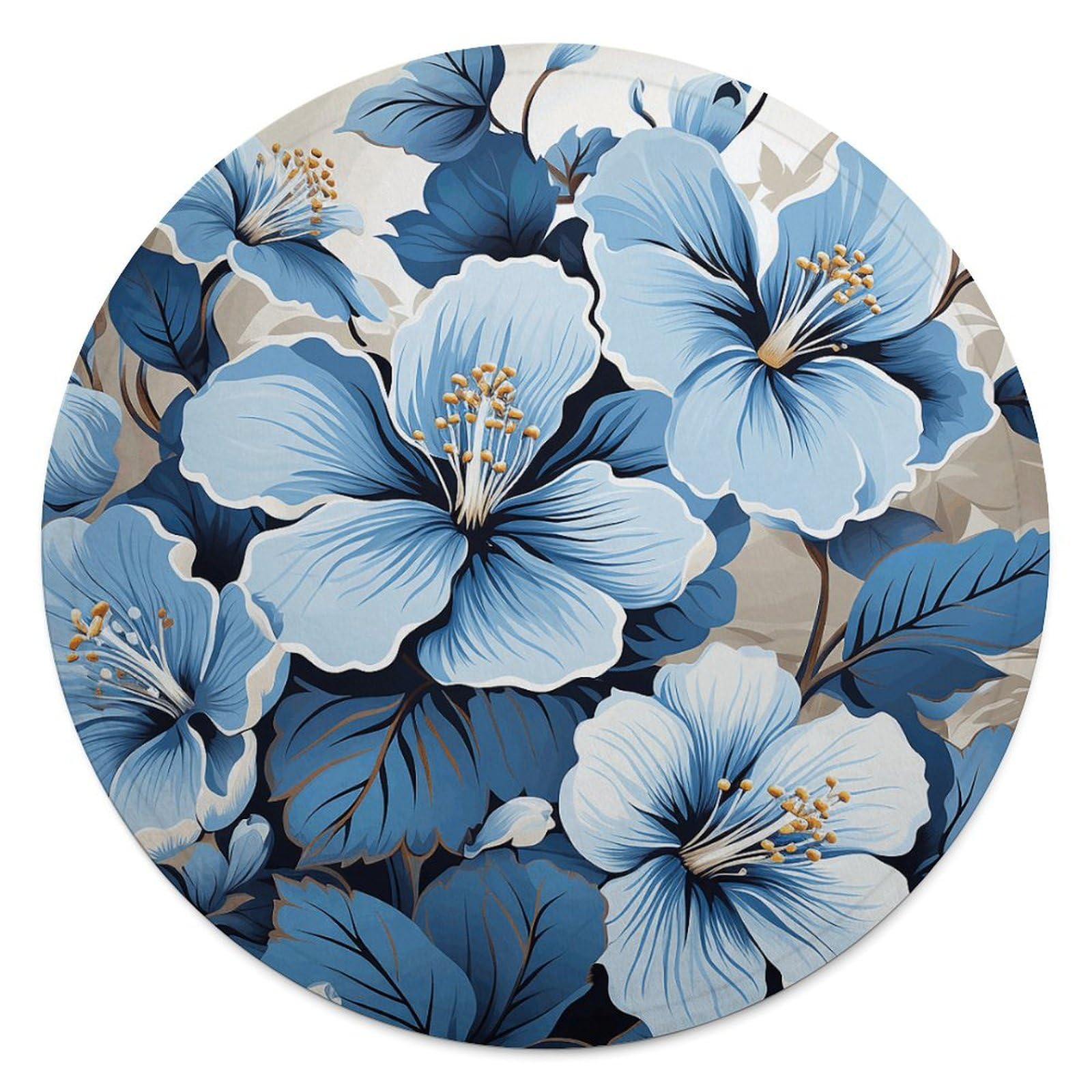 Couverture de plage ronde microfibre de coton 150cm fleur hibiscus bleue